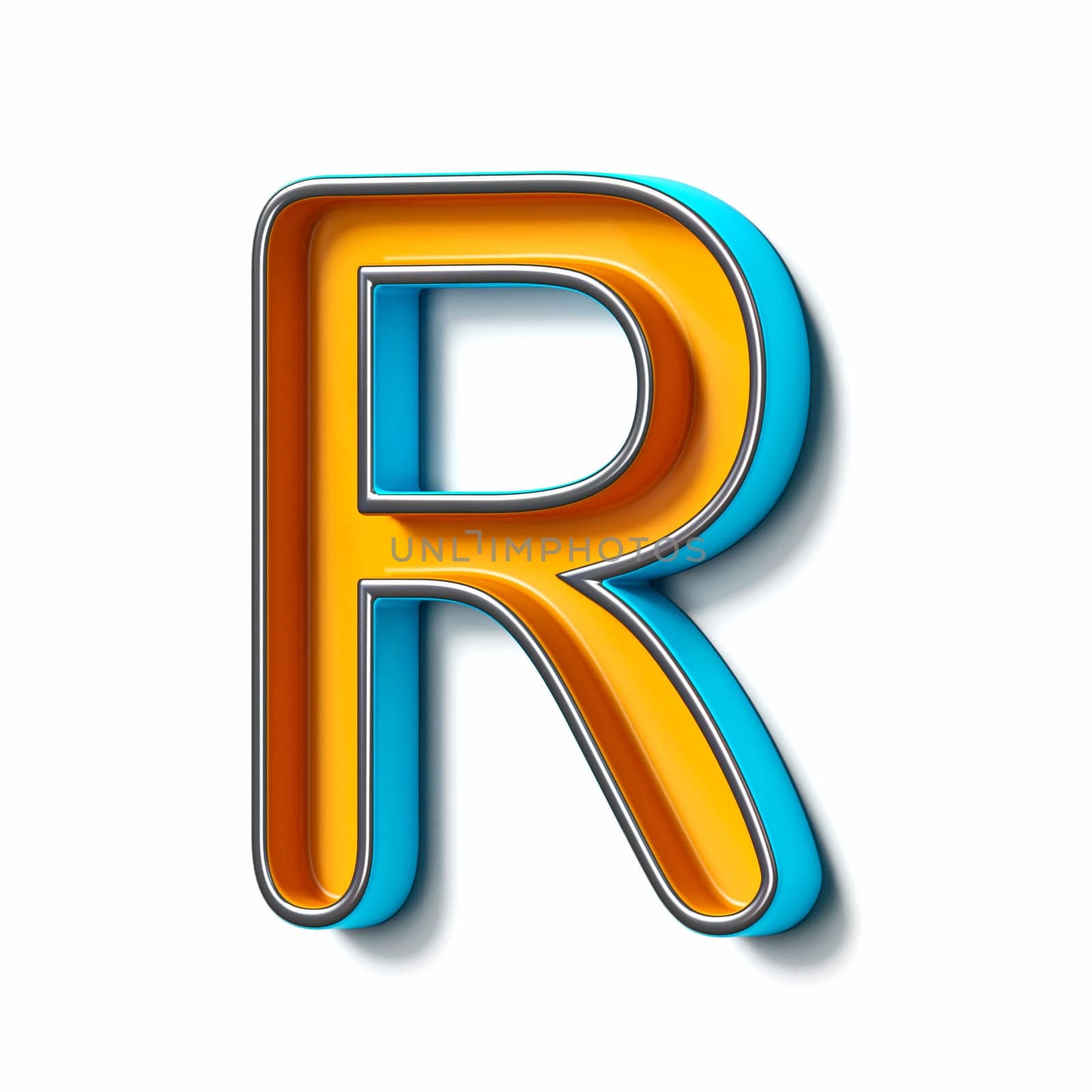 Orange blue thin metal font Letter R 3D rendering illustration isolated on white background
