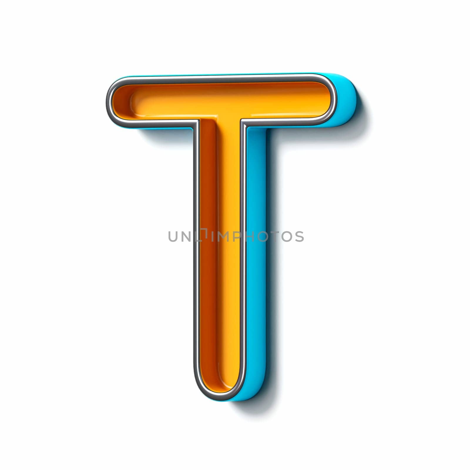 Orange blue thin metal font Letter T 3D rendering illustration isolated on white background