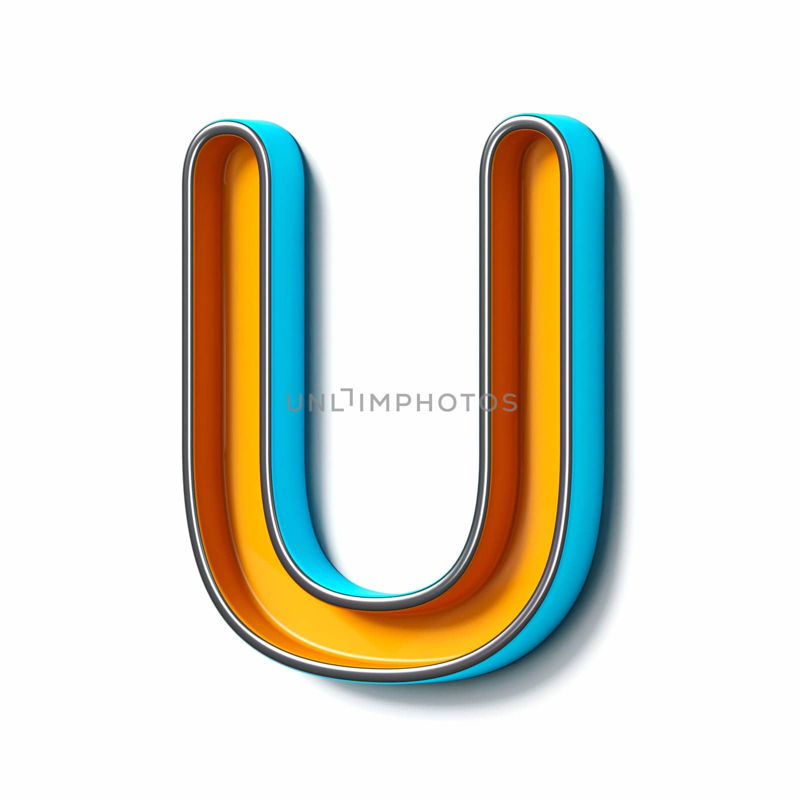 Orange blue thin metal font Letter U 3D rendering illustration isolated on white background