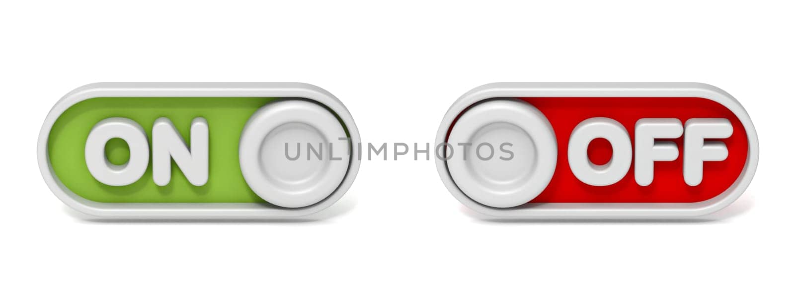 Green ON and red OFF button 3D rendering illustration isolated on white background