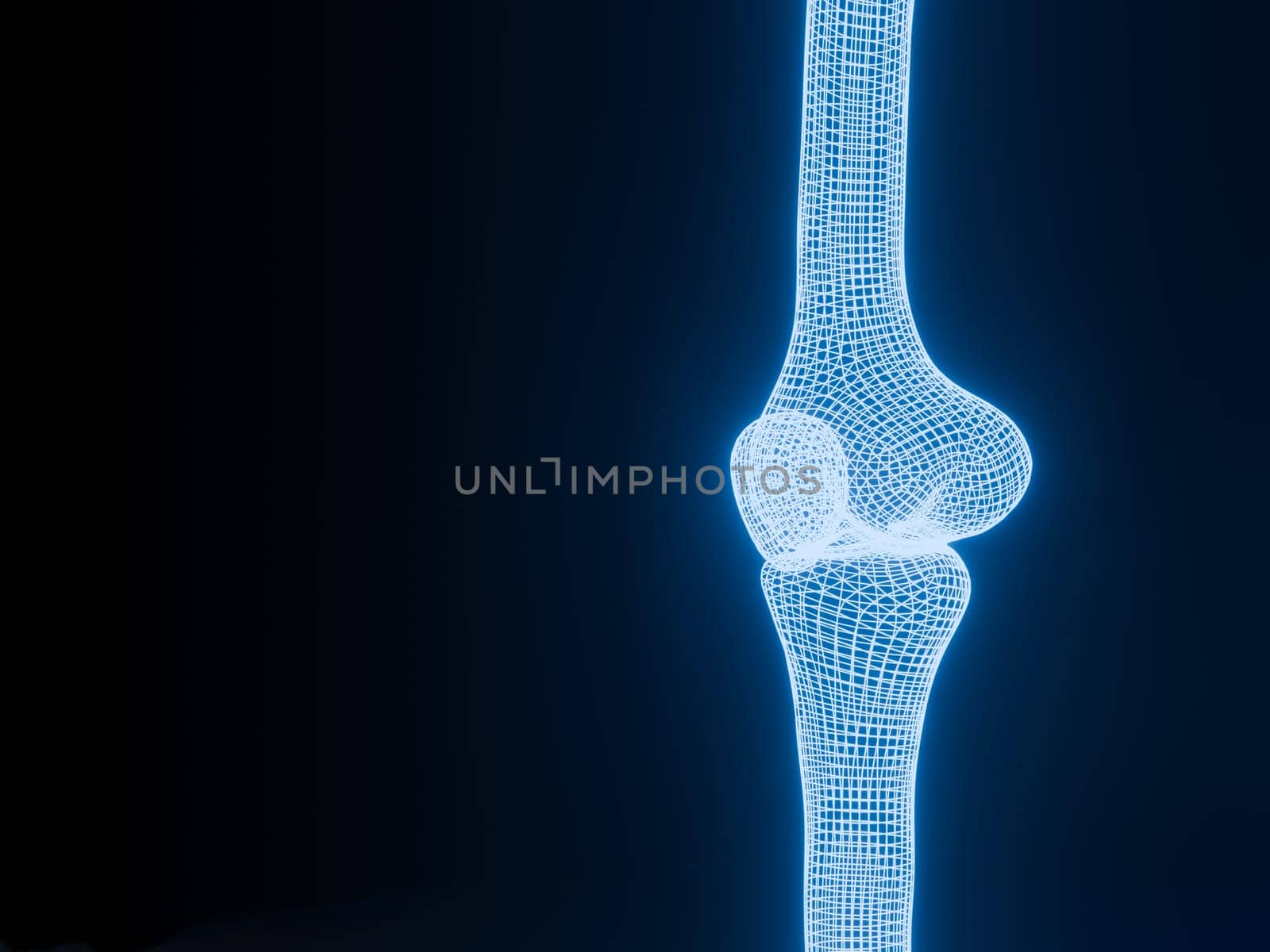 Knee joint 3D rendering Blue glowing wireframe on black background with copy space for text. Bone human skeleton anatomy of the body. Medical health care science concept. Realistic 3D Rendering.