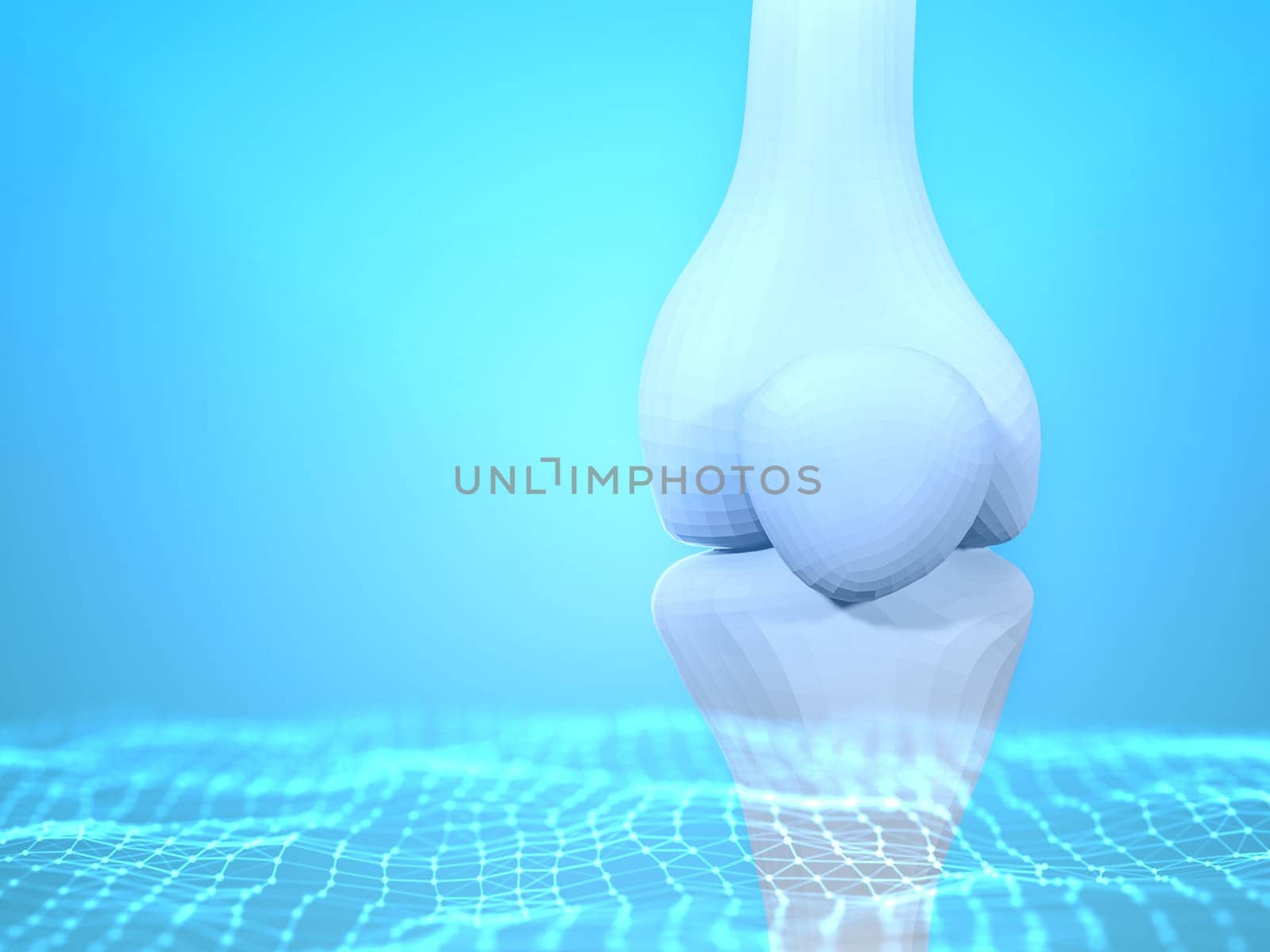 Knee joint on blue background with copy space for text. Bone human skeleton anatomy of the body. Medical health care science concept. Realistic 3D Rendering.