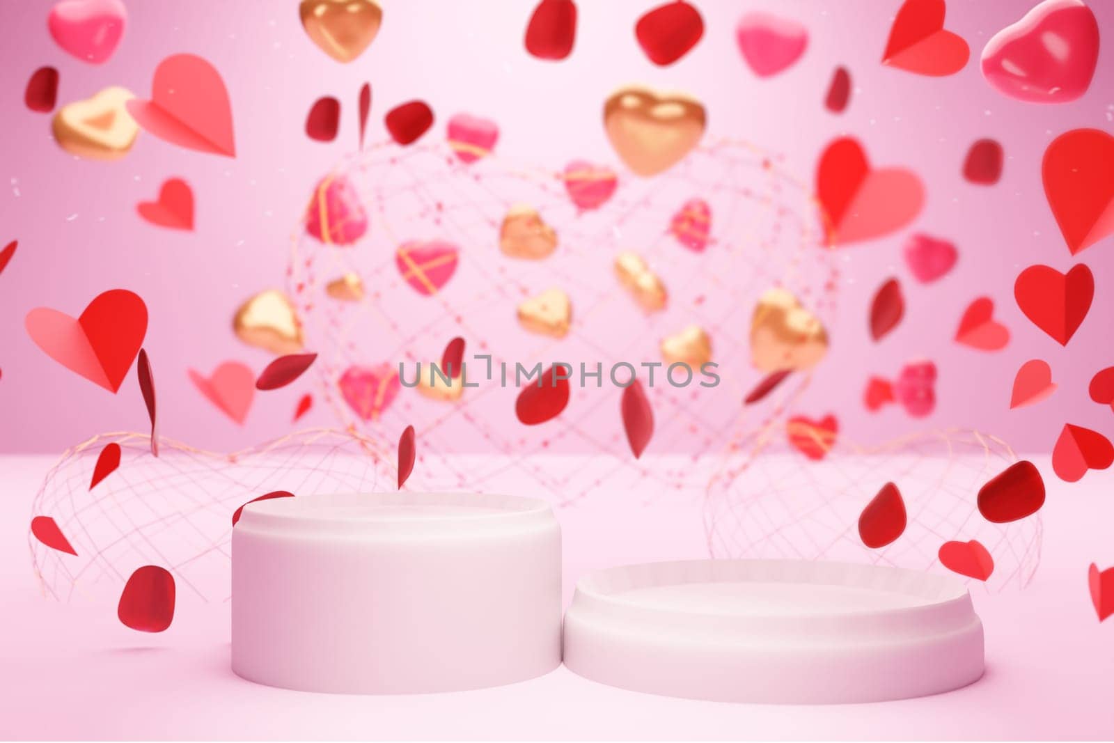 Happy Valentine's Day holiday banner Hello background with abstract 3D elements for Valentine's Day. 3D rendering of hearts, balloons and rose petals behind the podium. by samunella