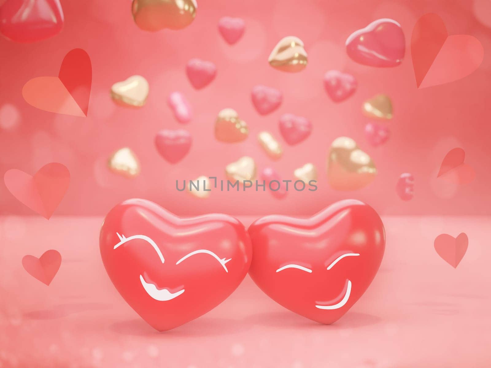 Happy Valentines Day with 3d rendering of red heart balloons shapes and light bulbs on red background. Gift card, love party, invitation voucher design, poster template. by samunella