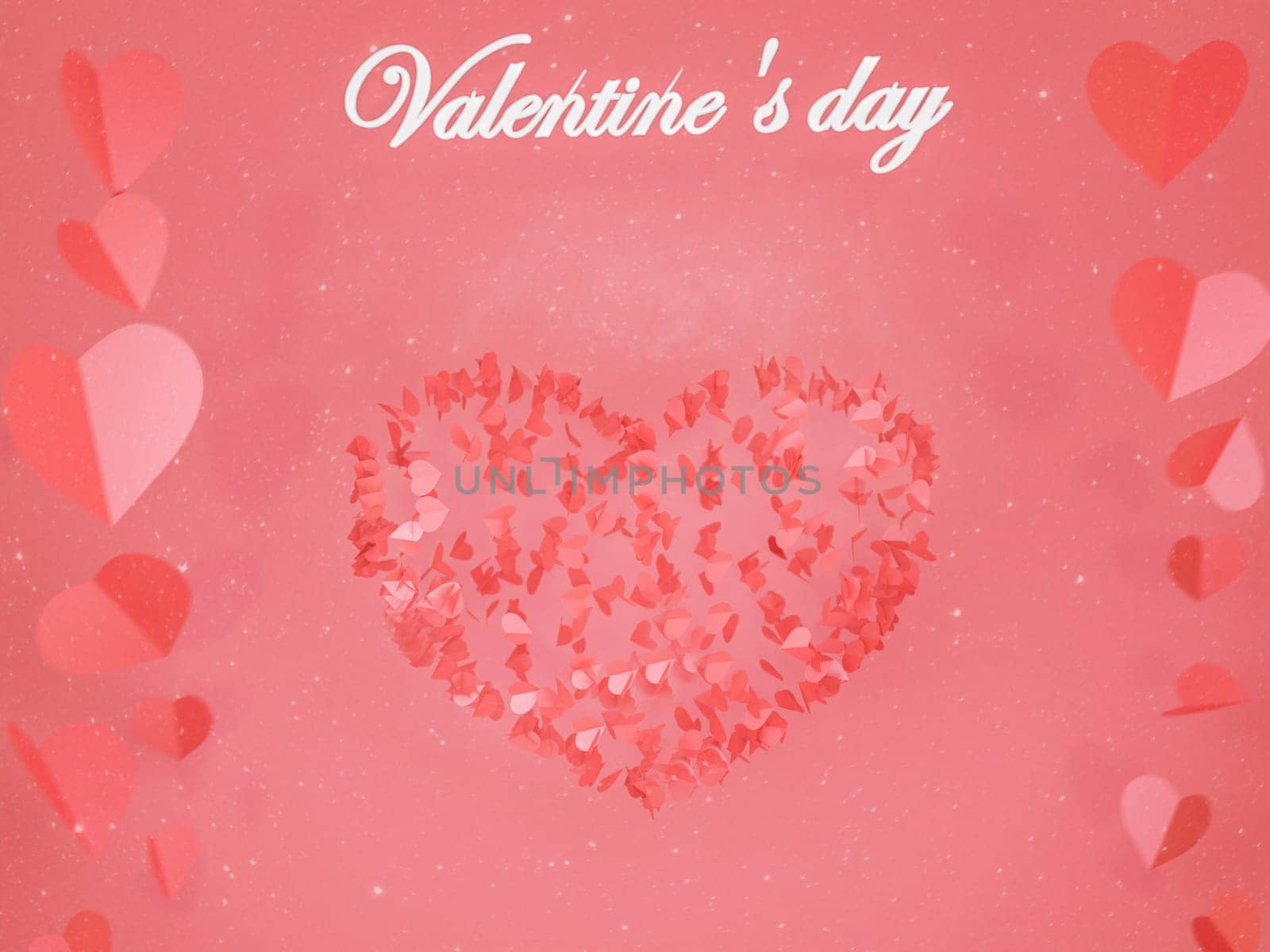 Happy Valentines Day with 3d rendering of red heart Paper cut shapes on red background. Gift card, love party, invitation voucher design, poster template.