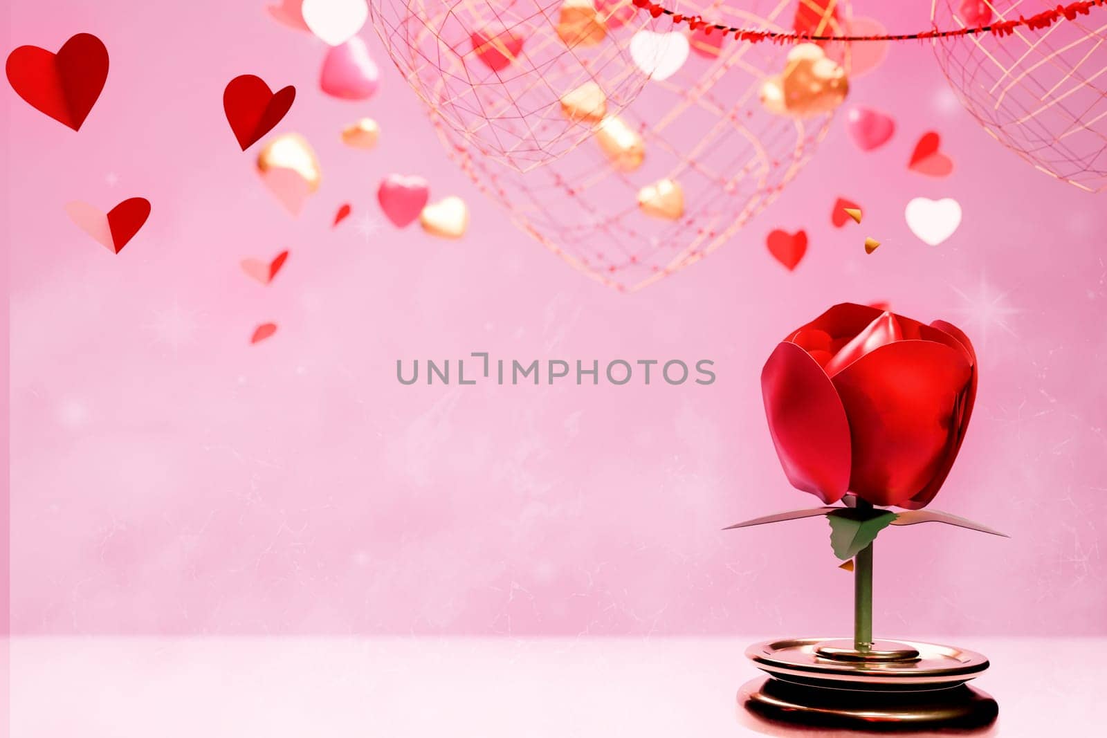 Happy Valentine's Day holiday banner Hello background with Rose and heart shape 3D elements for Valentine's Day. 3D rendering of hearts, balloons and rose petals.