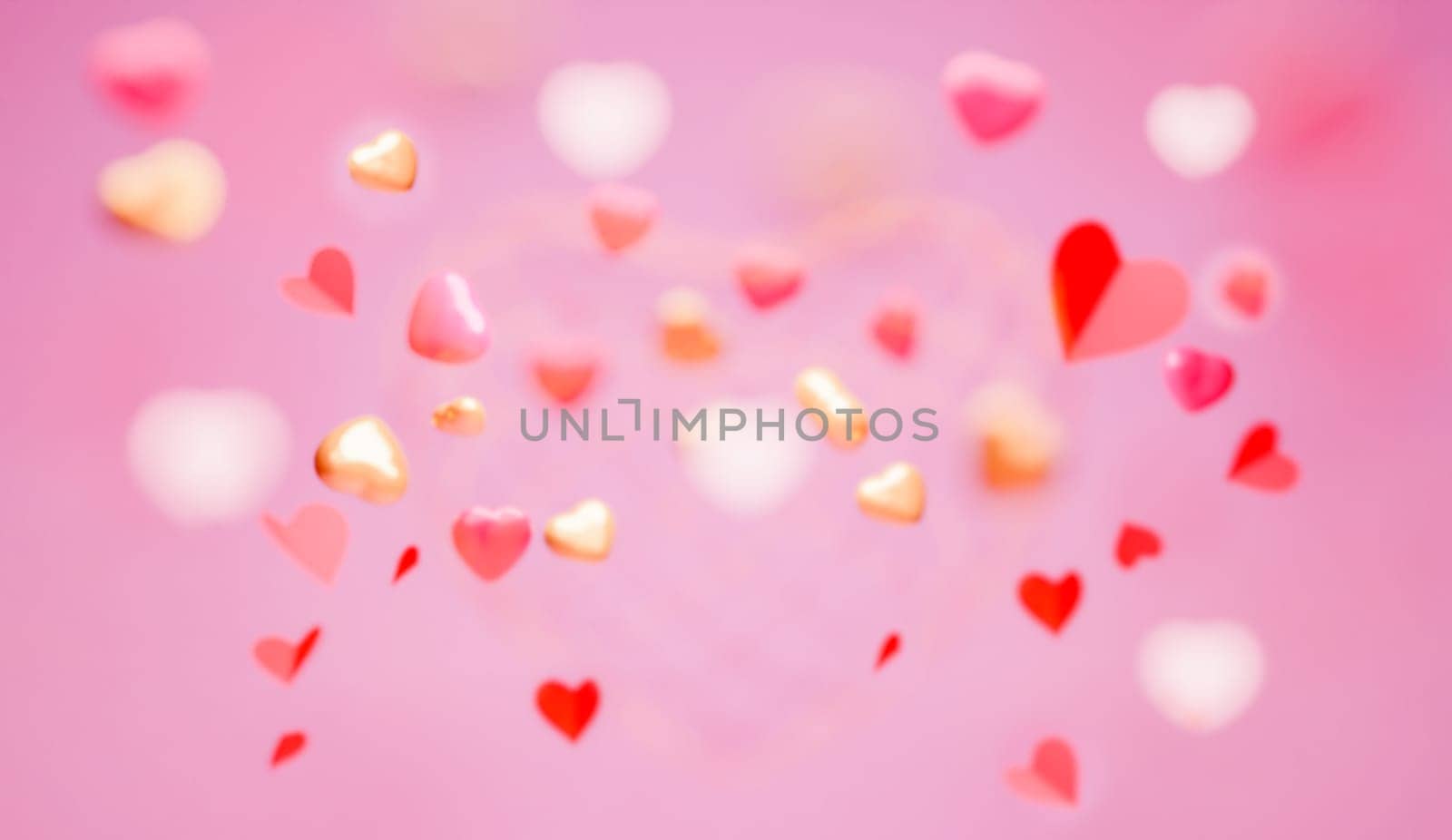 Happy Valentine's Day holiday banner Hello background with abstract 3D elements for Valentine's Day. 3D rendering of hearts, balloons and rose petals .