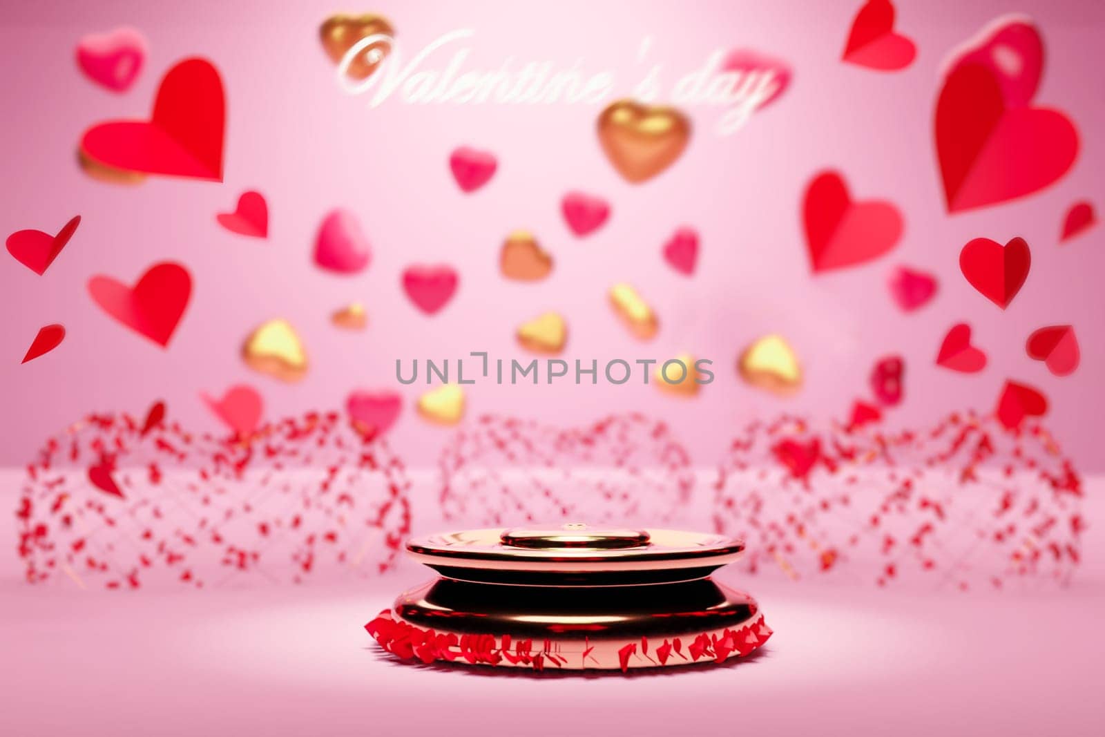 Podium round stage for Happy Valentines Day with 3d rendering of red and golden heart Paper cut shapes on pink background. Gift card, love party, invitation voucher design, poster template.