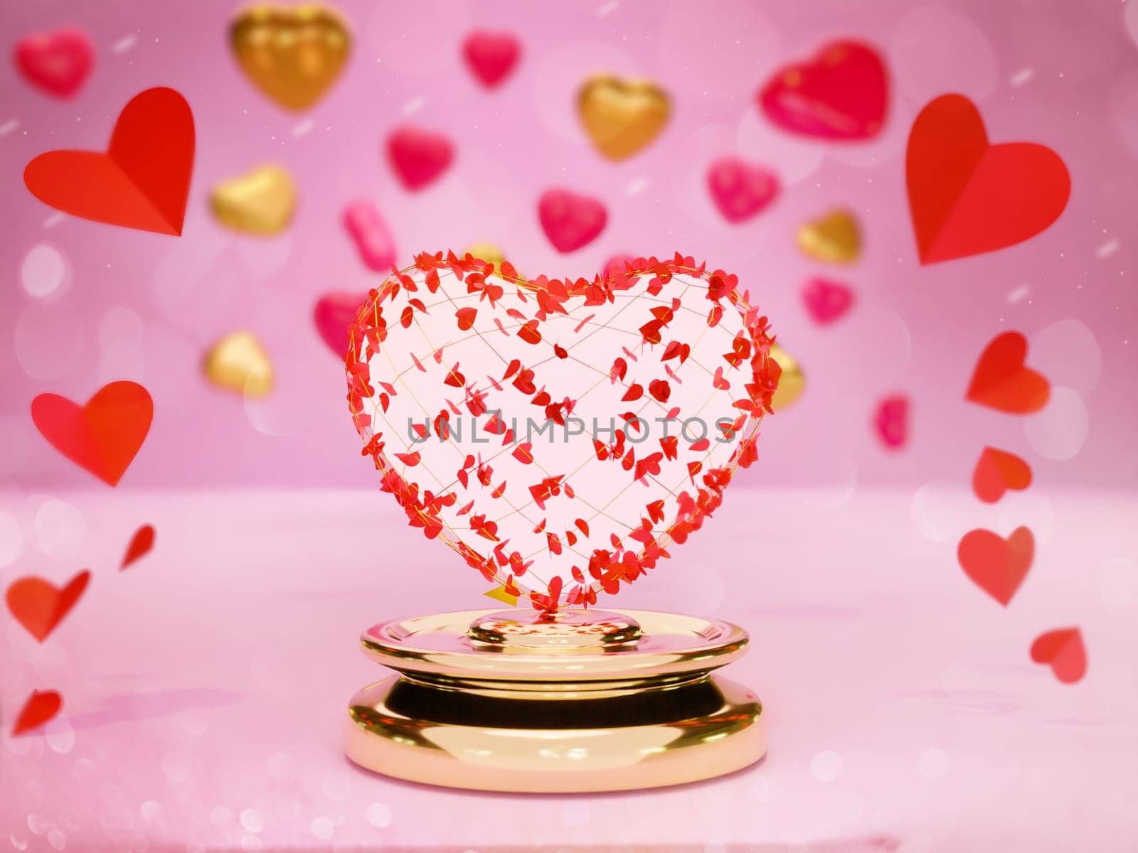 Podium round stage for Happy Valentines Day with 3d rendering of red and golden heart Paper cut shapes on pink background. Gift card, love party, invitation voucher design, poster template.