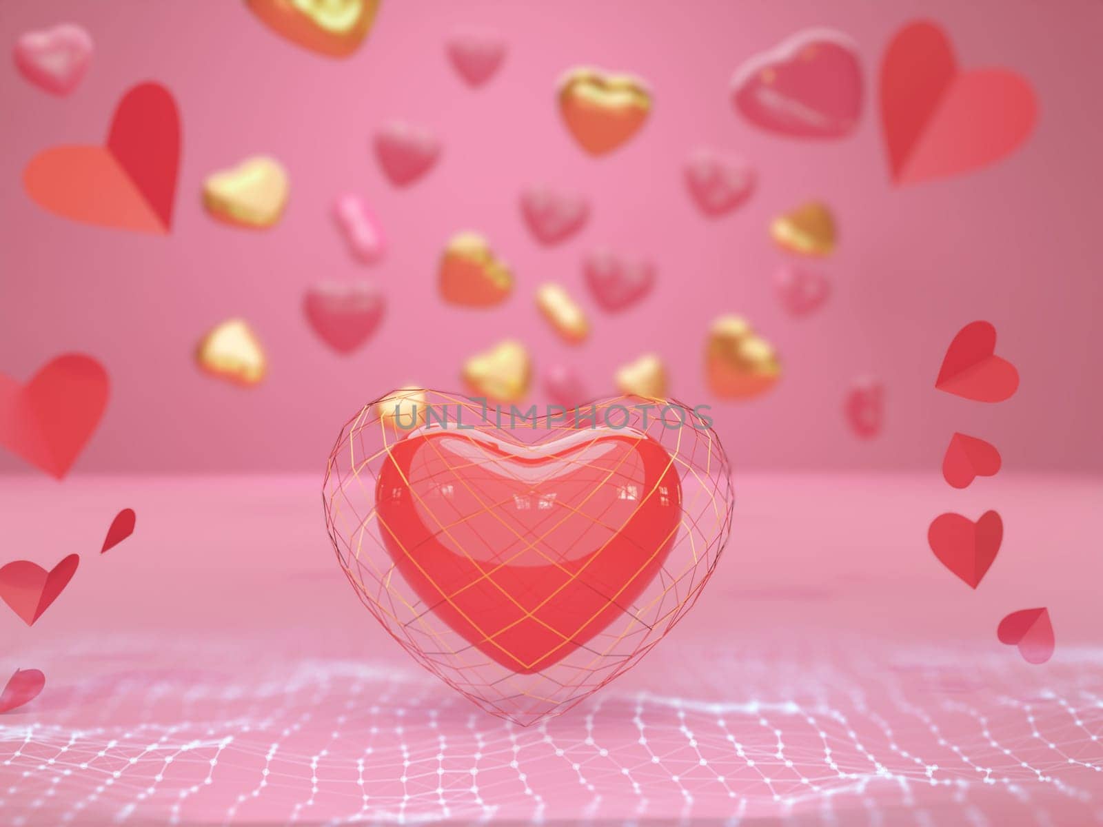 Happy Valentines Day with 3d rendering of red heart Paper cut shapes on red background. Gift card, love party, invitation voucher design, poster template.