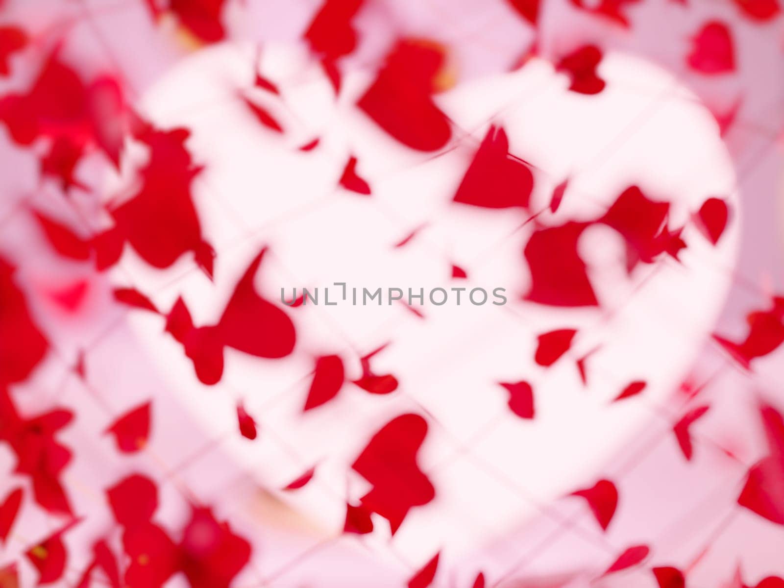 Blurred background of Happy Valentines Day with 3d rendering of red heart Paper cut shapes . Gift card, love party, invitation voucher design, poster template.