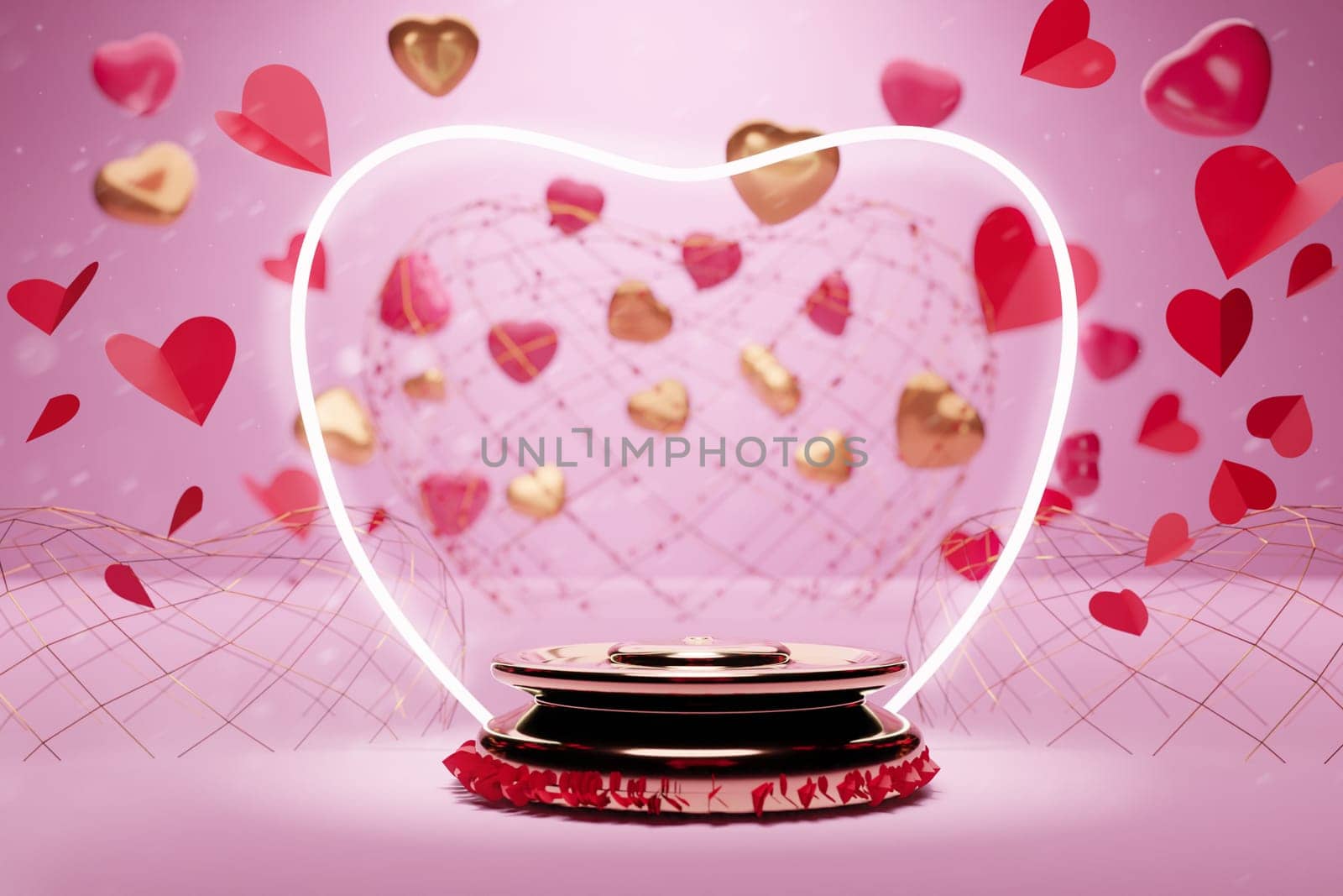 Podium round stage for Happy Valentines Day with 3d rendering of red and golden heart Paper cut shapes on pink background. Gift card, love party, invitation voucher design, poster template. by samunella