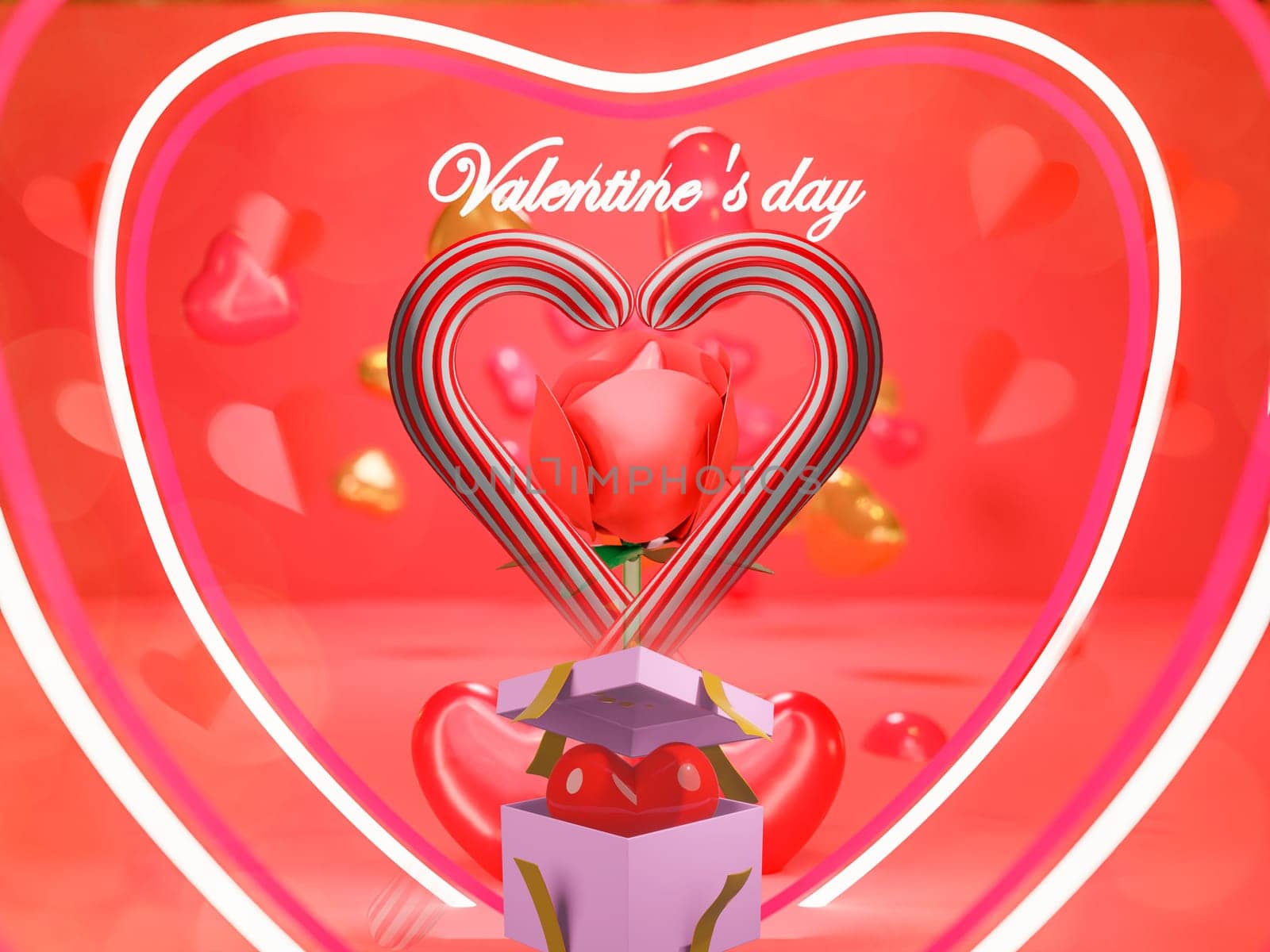 Happy Valentines Day with 3d rendering of red heart balloons shapes with rose and light bulbs on red background. Gift card, love party, invitation voucher design, poster template.