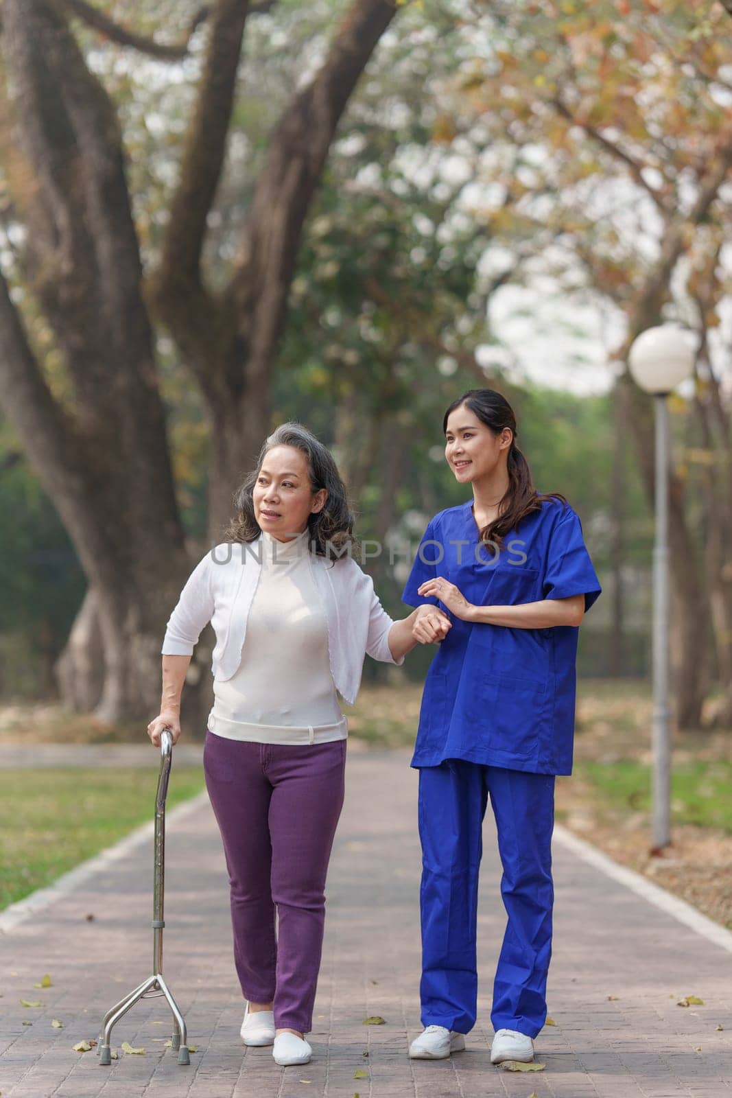 Healthcare nurse, physical therapy with elderly woman at outdoor. Nurse holding hand and help elderly woman walking by itchaznong