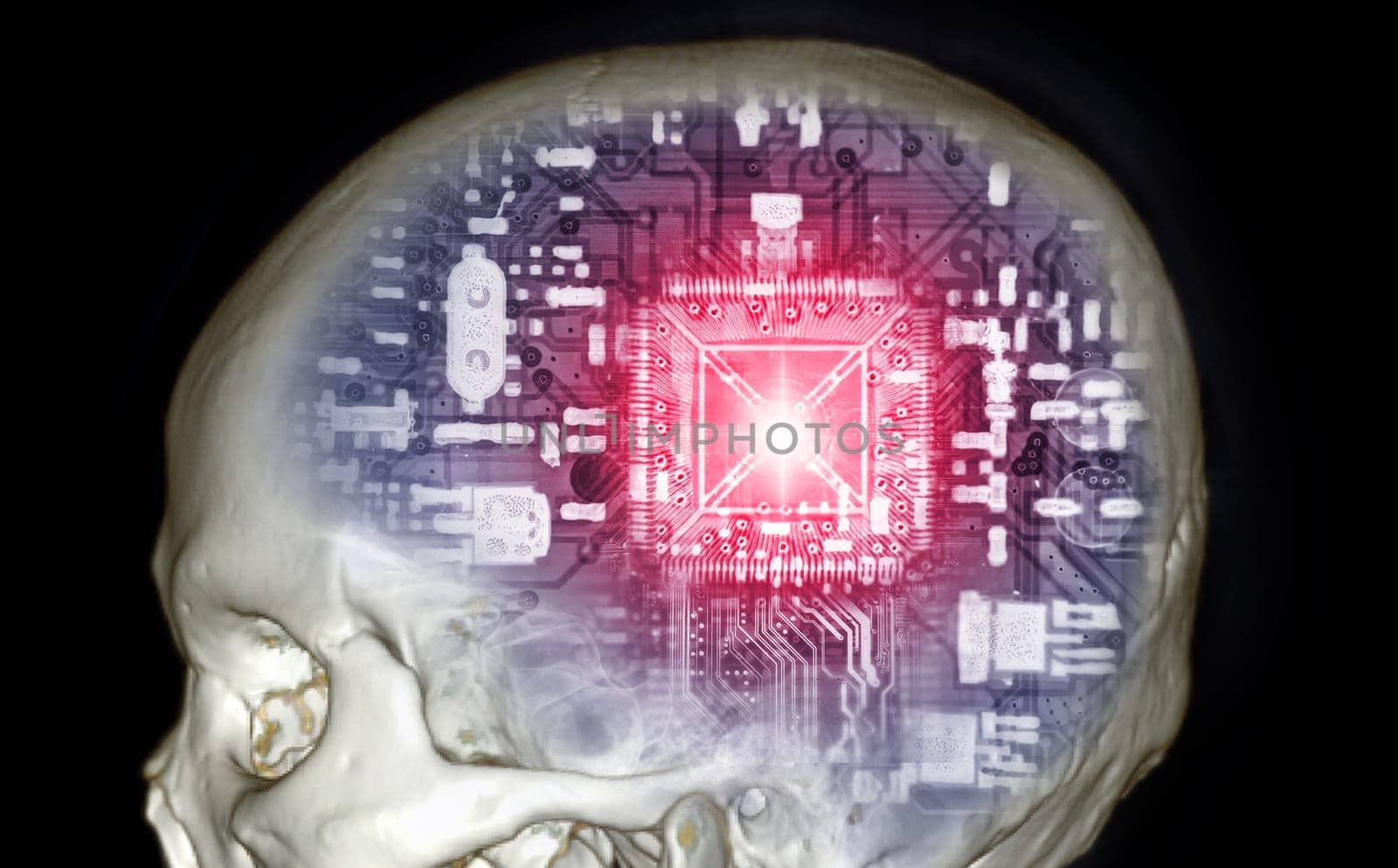 The CPU in the Skull for Artificial Intelligence or AI concept.3D rendering.