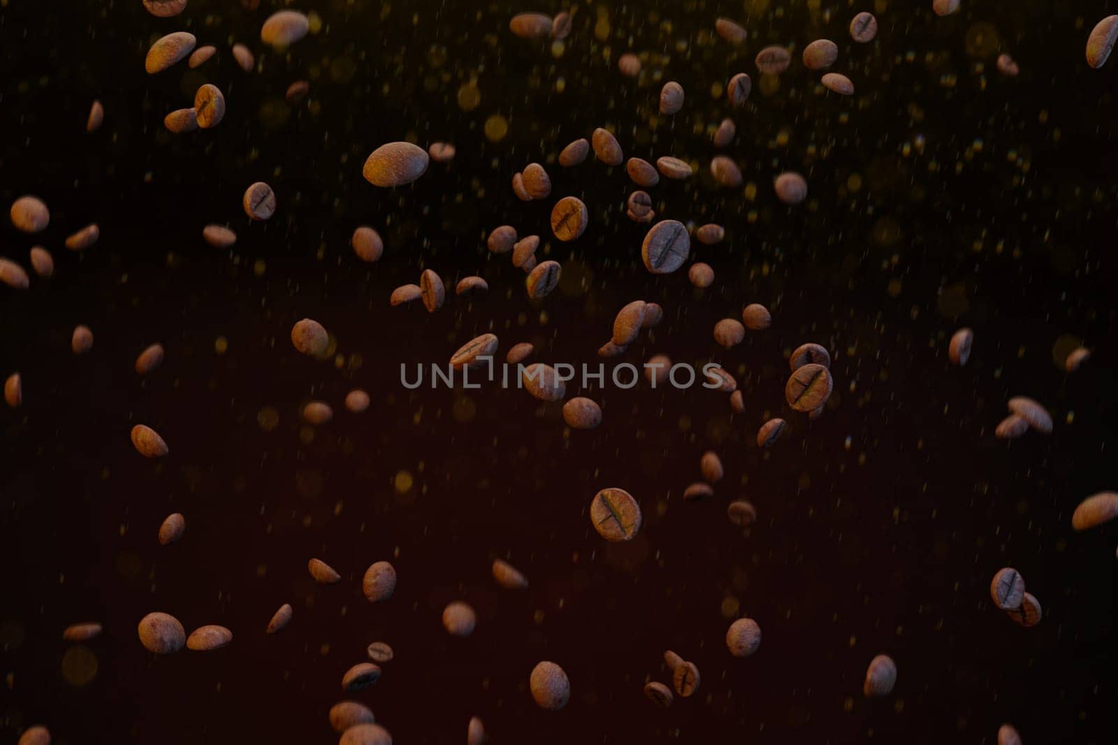 Flying roasted coffee beans drop in the air ,isolated on black background, 3d rendering. by samunella