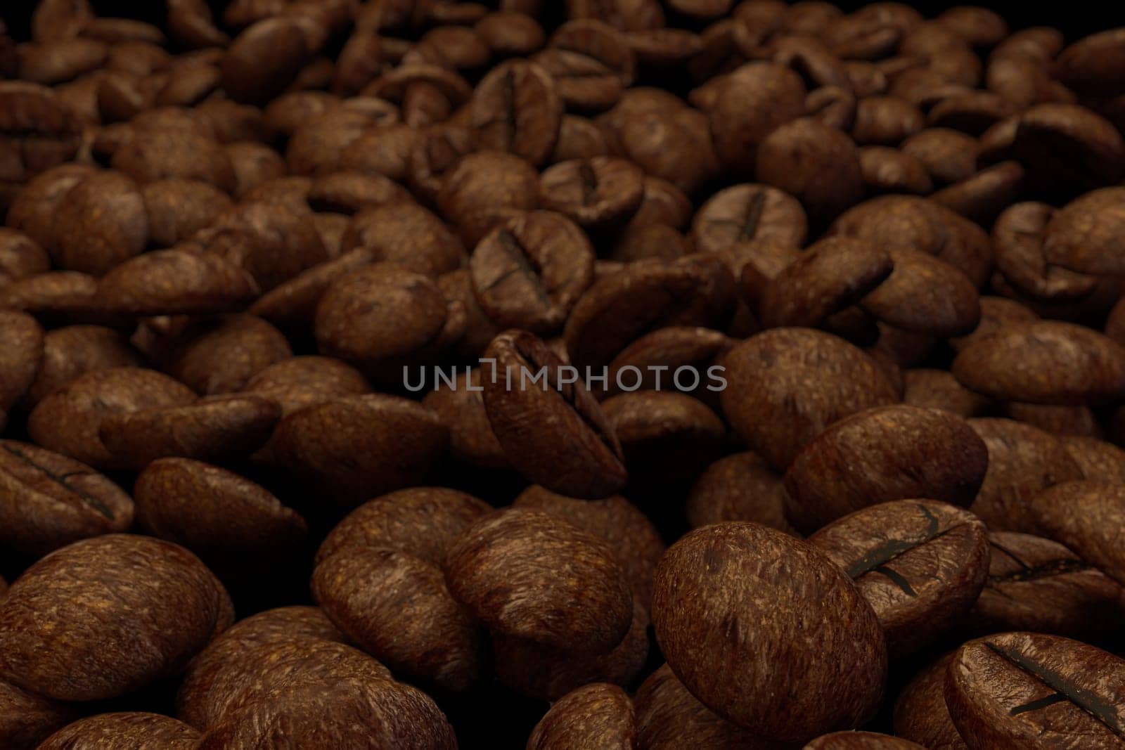 Roasted coffee beans isolated on black background, 3d rendering.