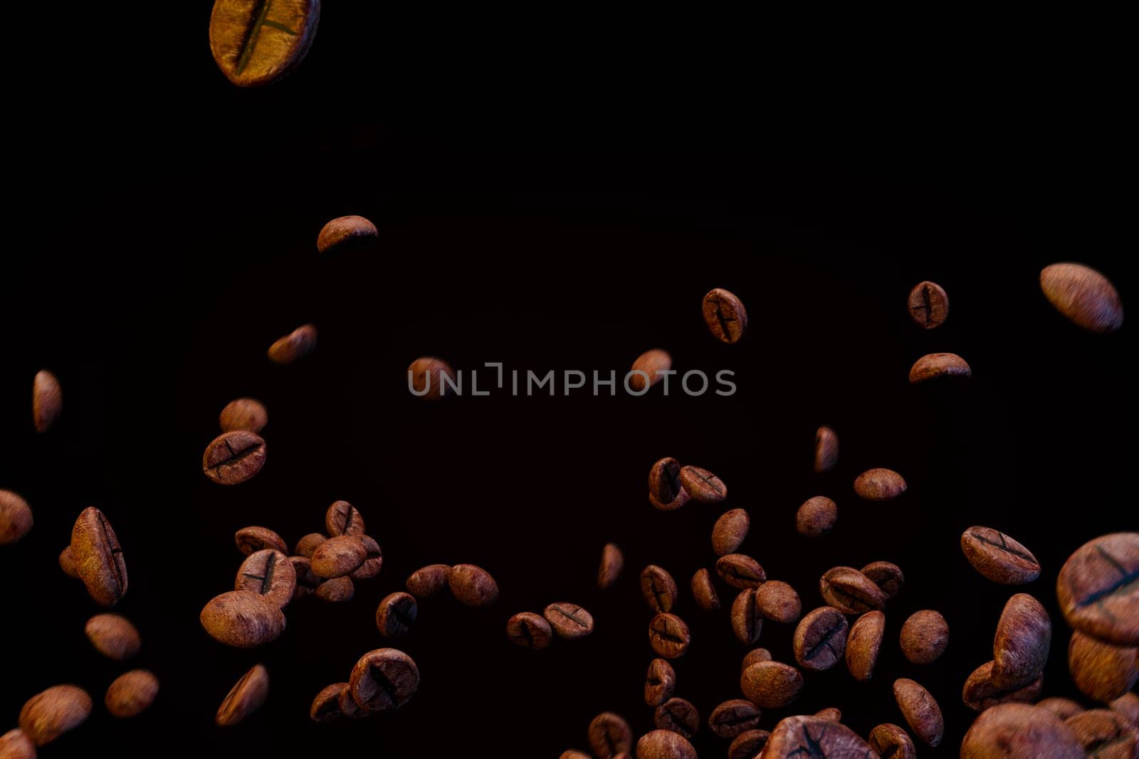 Flying roasted coffee beans drop in the air ,isolated on black background, 3d rendering. by samunella