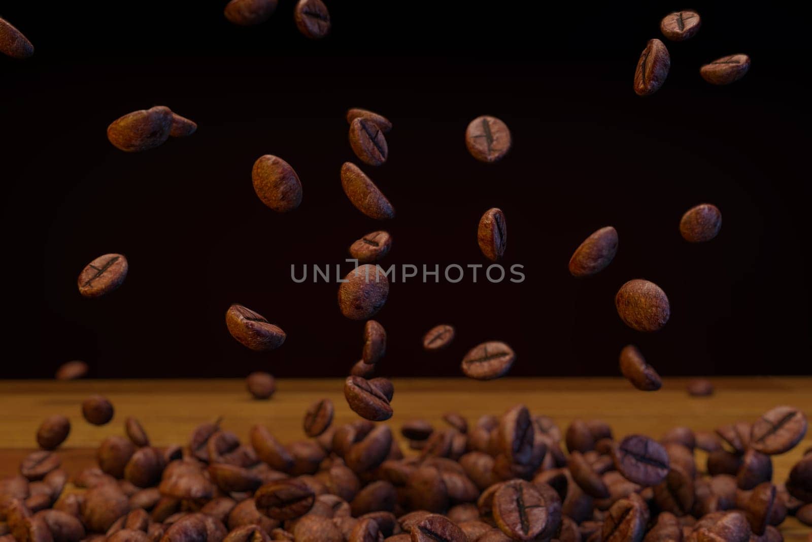 Flying roasted coffee beans drop in the air ,Roasted coffee beans on wooden background. ,isolated on black background, 3d rendering. by samunella