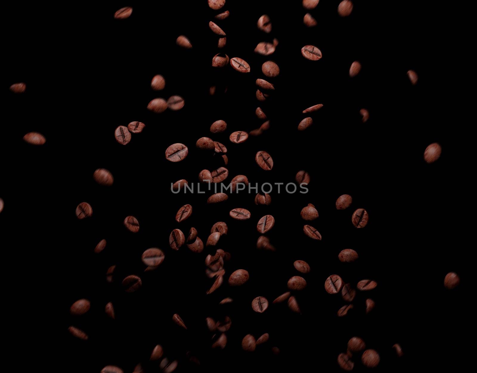 Flying roasted coffee beans drop in the air ,isolated on black background, 3d rendering. by samunella