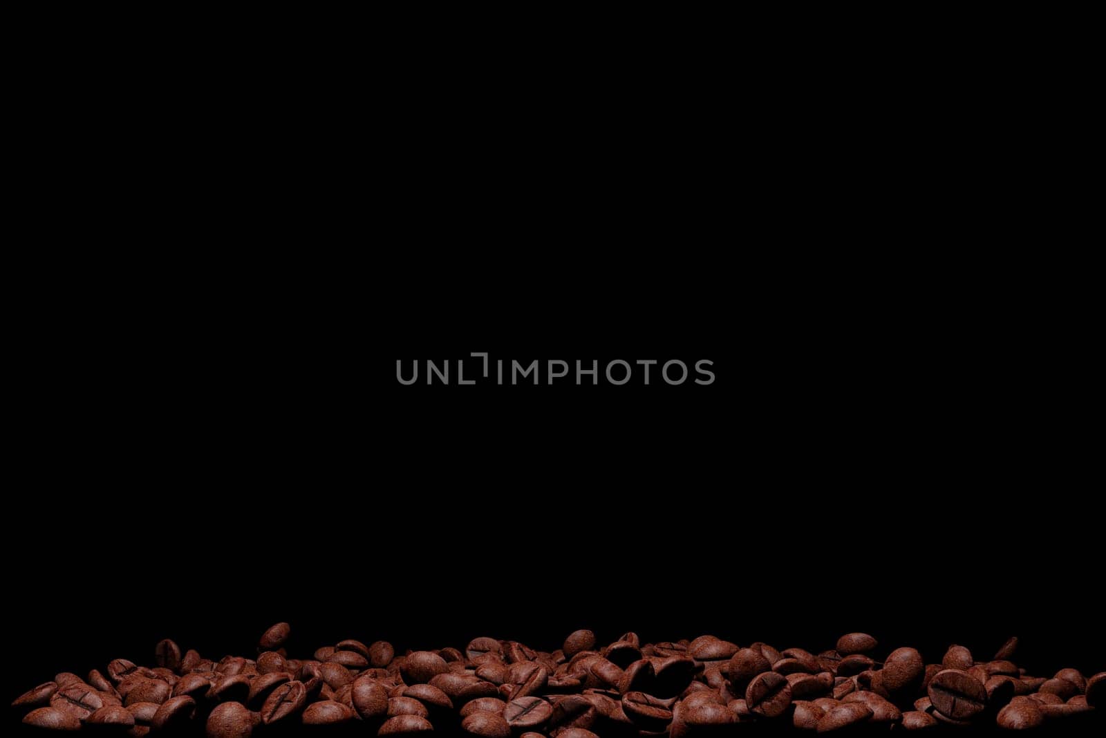 Flying roasted coffee beans drop in the air ,isolated on black background, 3d rendering. by samunella