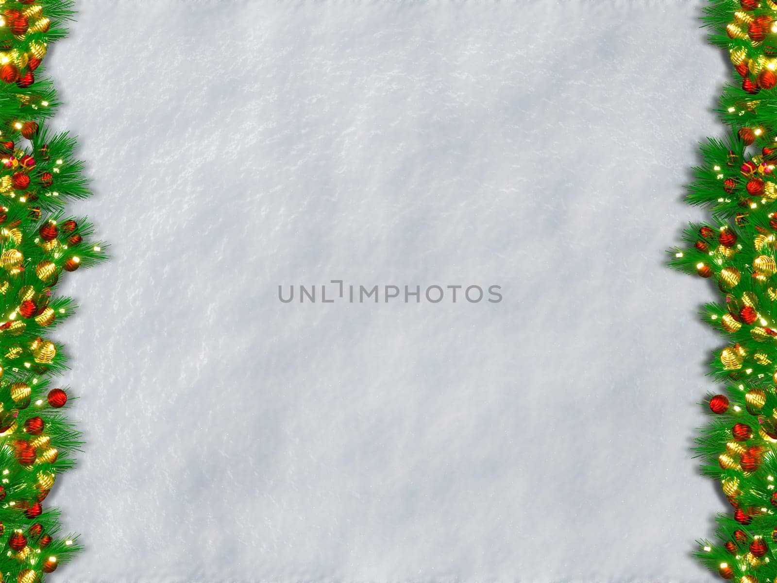 Top view Christmas background 3D rendering. Christmas tree with Christmas ornament on snow white background.