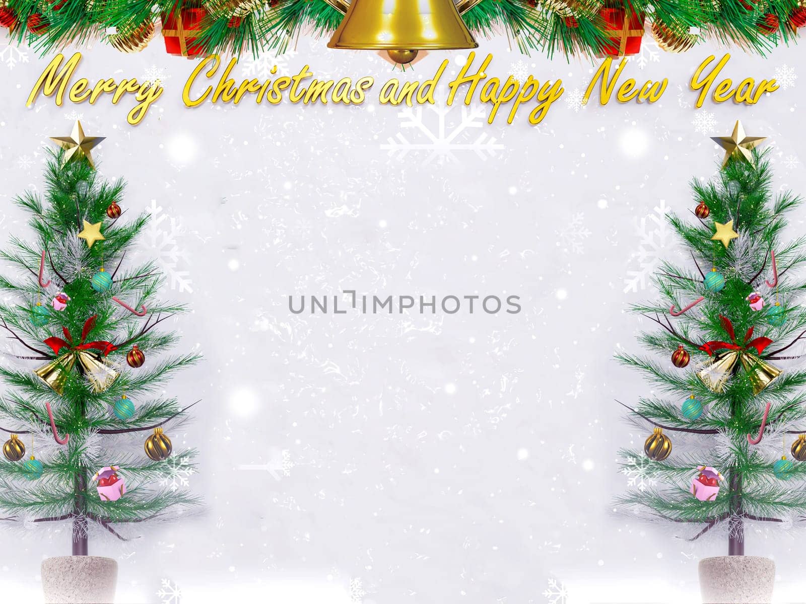 Christmas background 3D rendering. Top view of Christmas tree with spruce branches, pine cones on snow white background.