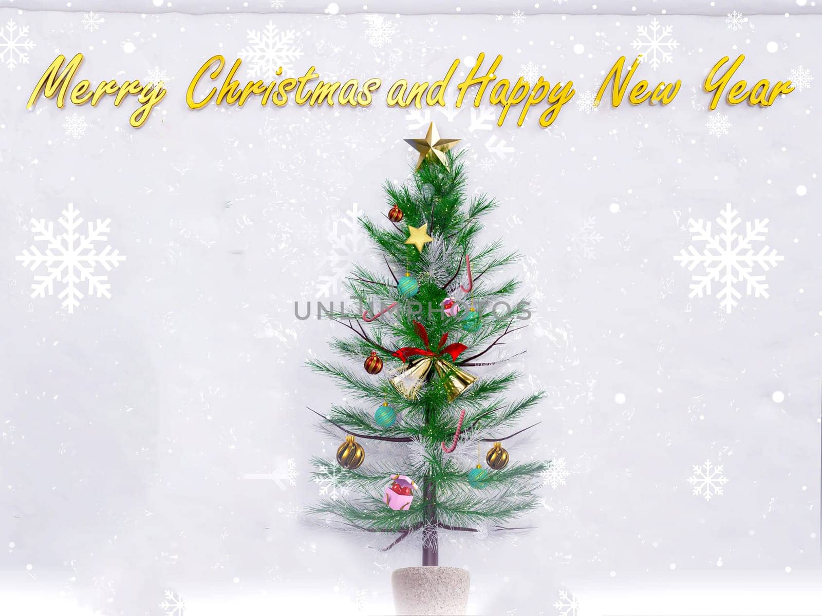 Christmas background 3D rendering. Top view of Christmas tree with spruce branches, pine cones on snow white background.