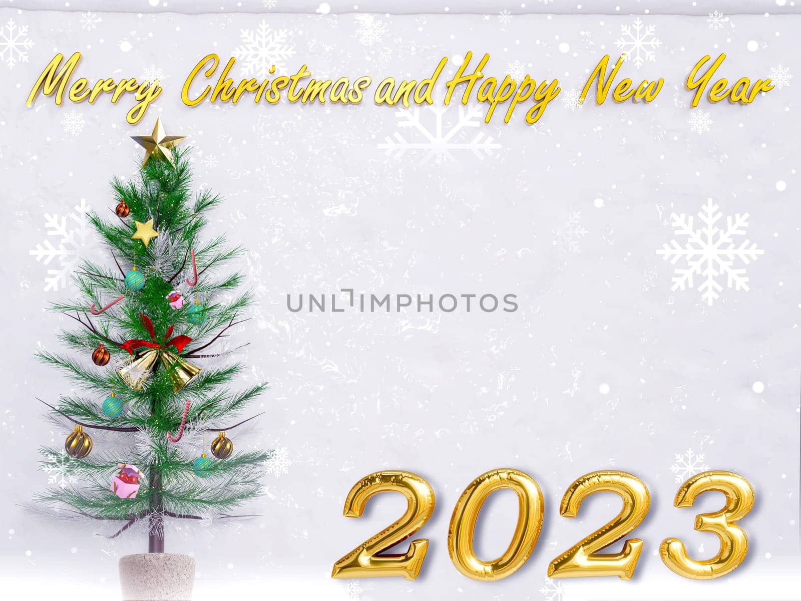 Christmas background 3D rendering. Top view of Christmas tree with spruce branches, pine cones on snow white background.