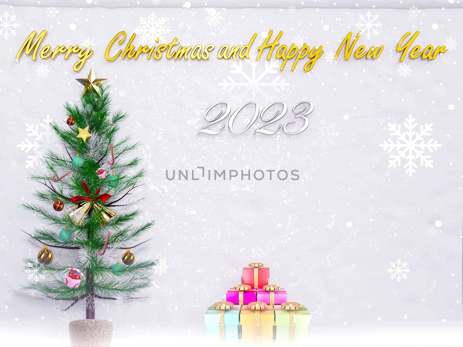 Christmas background 3D rendering. Top view of Christmas tree with spruce branches, pine cones on snow white background. by samunella