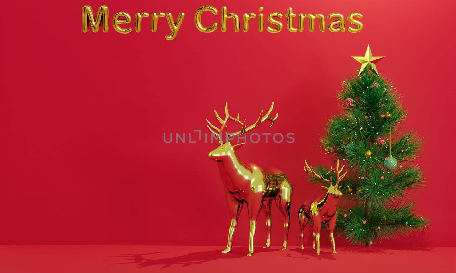 Merry Christmas and New Year background 3D rendering. New year and Christmas Background. Celebrate party 2023. Reindeer and small pine tree . Greeting card, banner, poster.