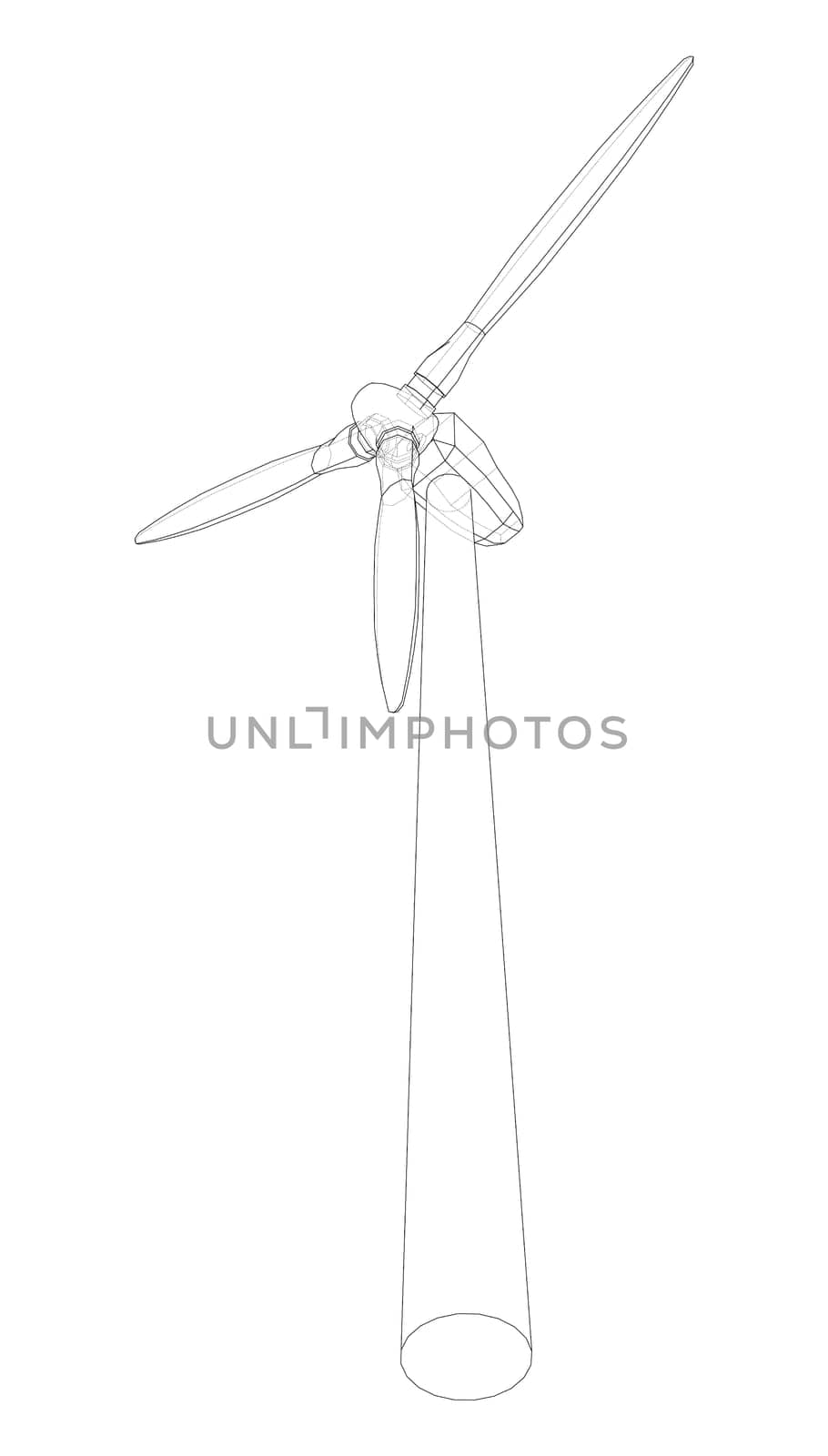 Wind turbine. 3d illustration. Wire-frame style. The layers of visible and invisible lines are separated