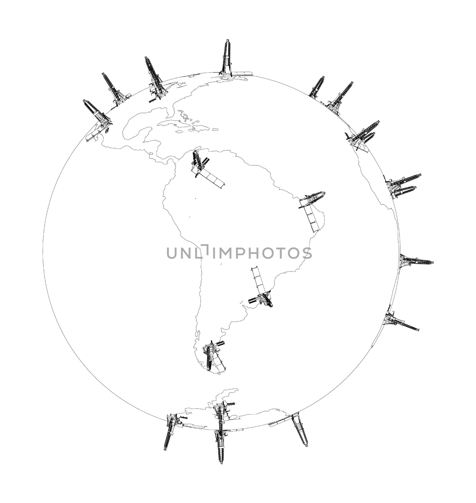 Oil rigs on Earth on white. 3d illustration. Wire-frame style