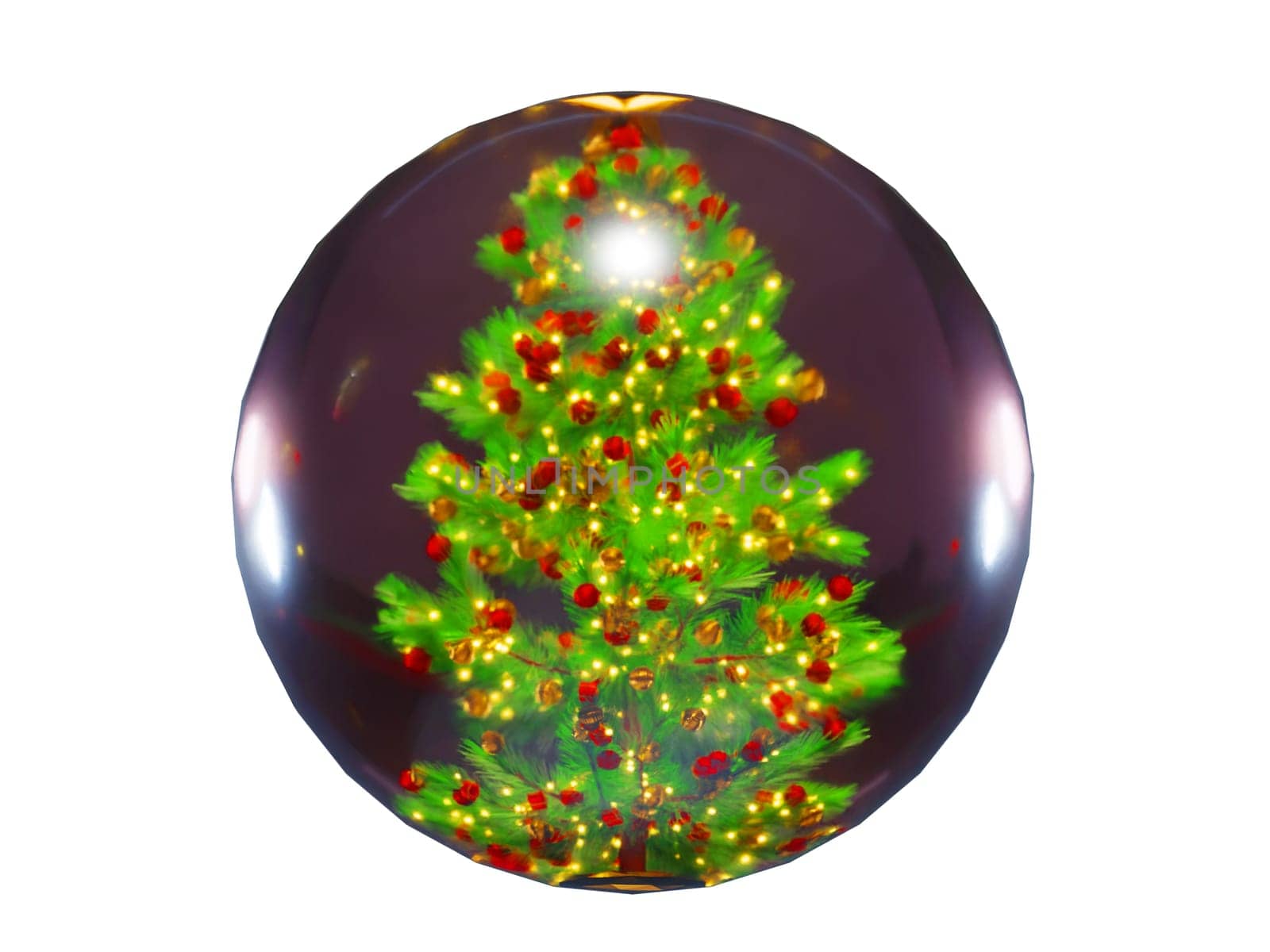 3D rendering Christmas tree or pine tree with Round Christmas Ornament Balls and gift box, in glass ball isolated on white background. Clipping path. by samunella