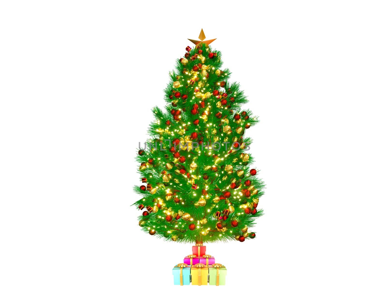 3D rendering Christmas tree or pine tree with Round Christmas Ornament Balls and gift box, in glass ball isolated on white background. Clipping path.