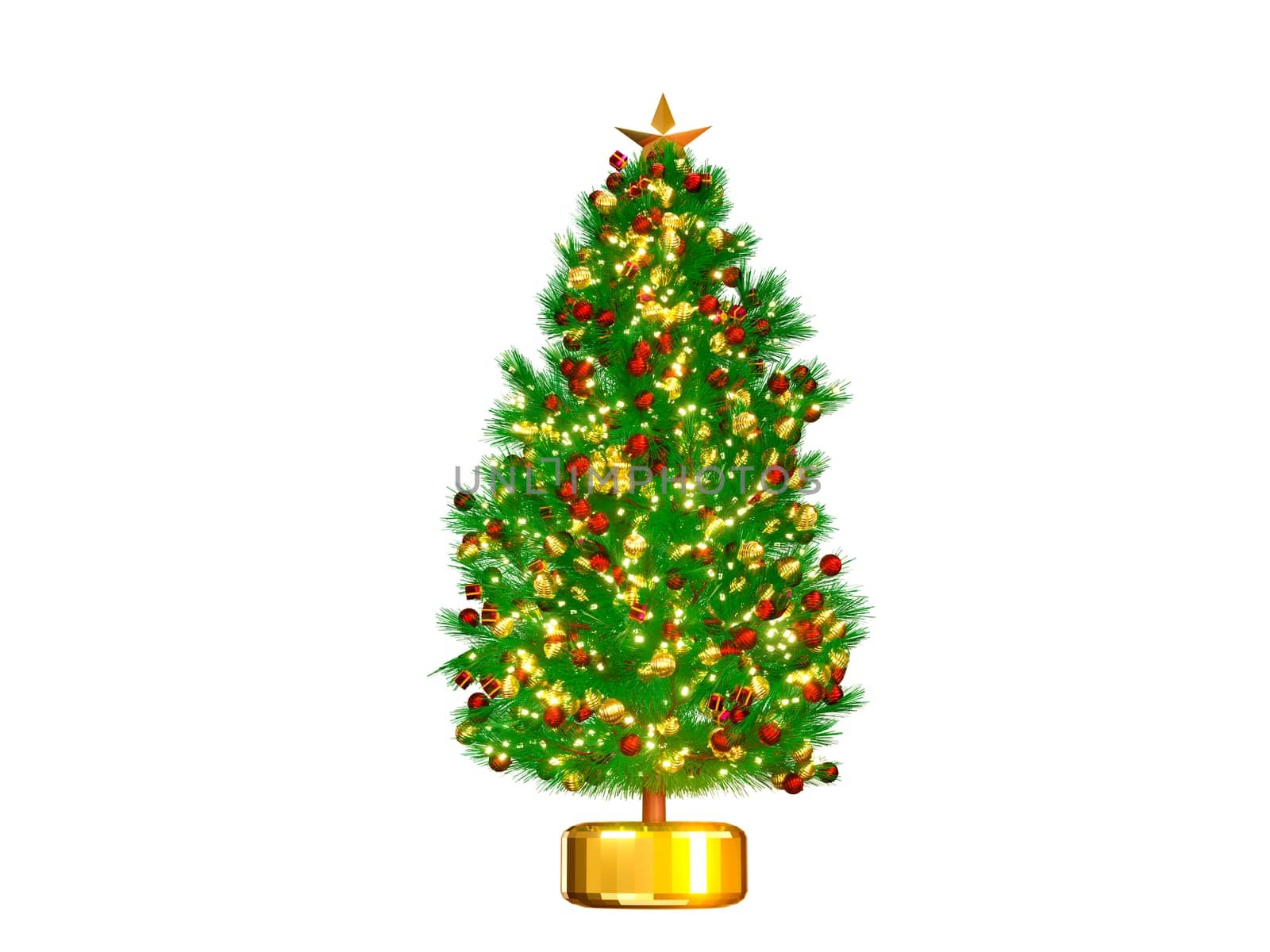 3D rendering Christmas tree or pine tree with Round Christmas Ornament Balls and gift box, in glass ball isolated on white background. Clipping path.