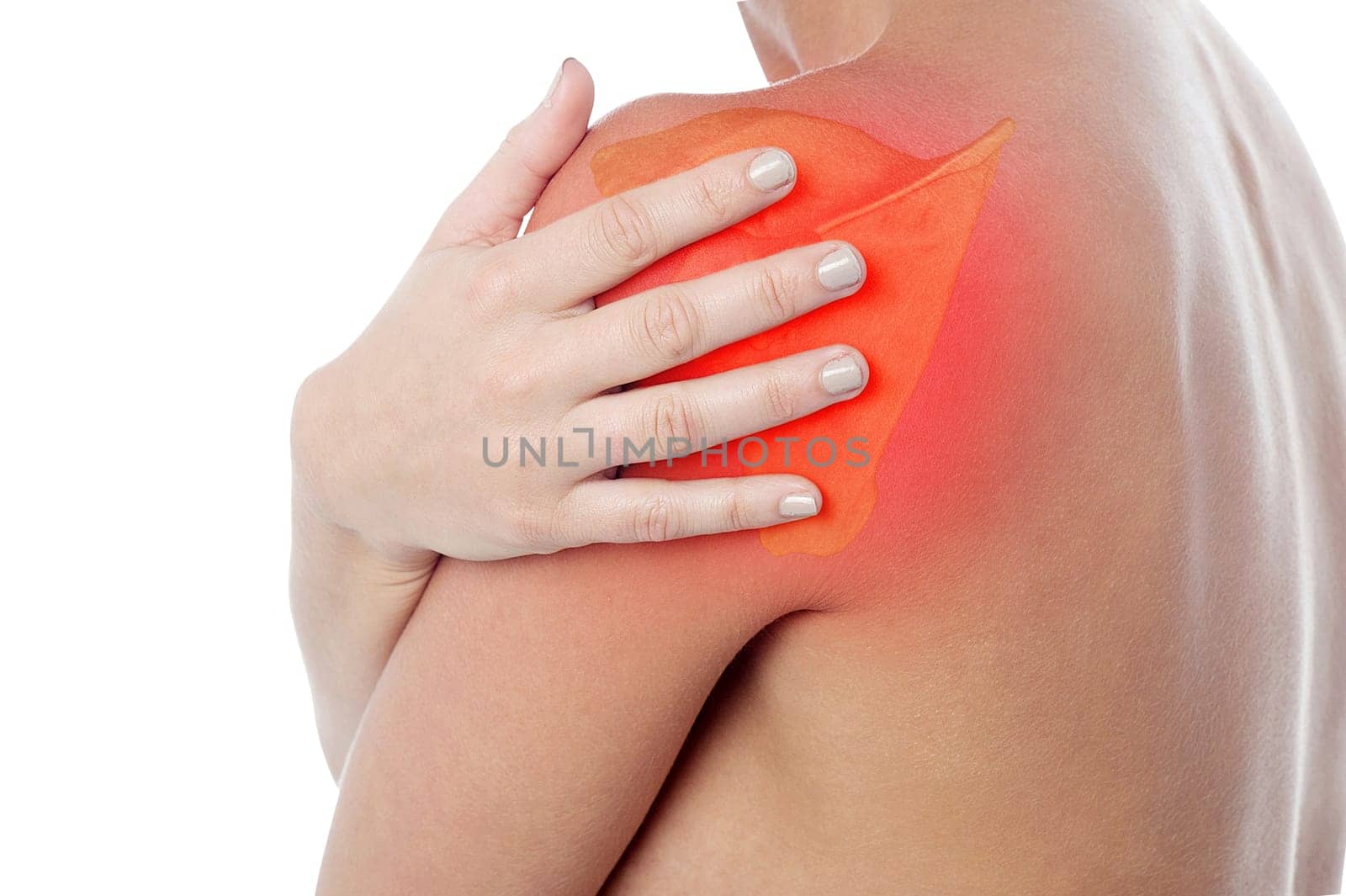 The woman has shoulder pain with CT scan of scapula 3D rendering isolated one white background.