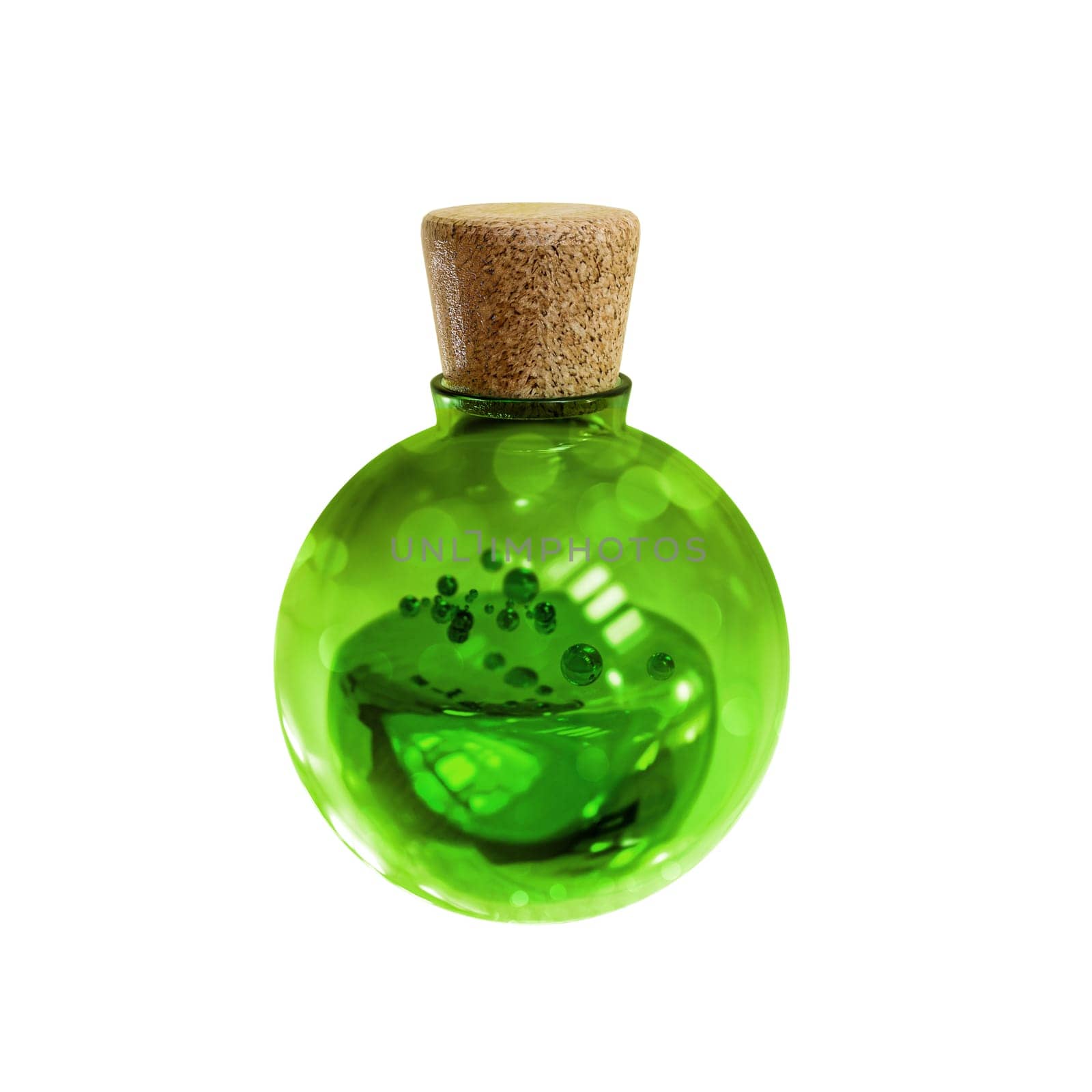Bottle with green potion 3D rendering isolated on white background.Clipping path.