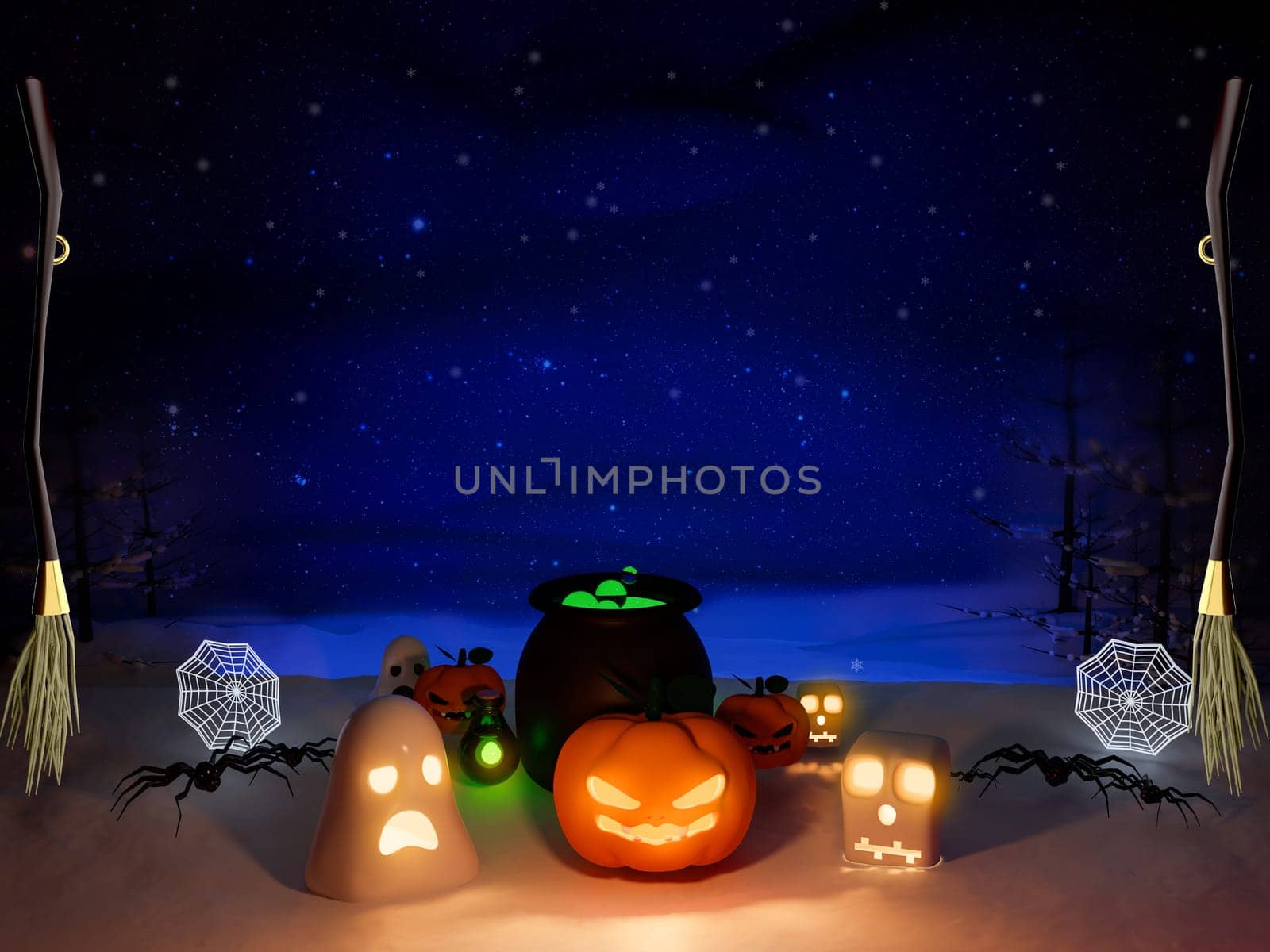 Happy Halloween pumpkin head jack o'lantern 3d rendering with friends . holloween wallpaper with spooky pumpkin face, pumpkin lamp.