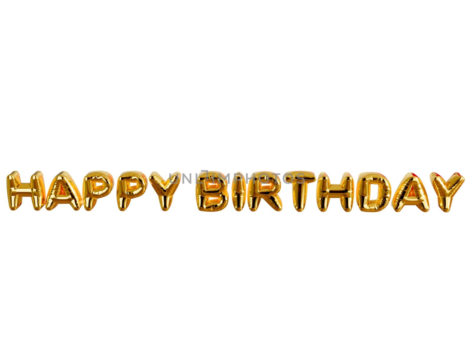 Golden shiny realistic 3D rendering Foil Balloons Happy birthday isolated on white background. clipping path.