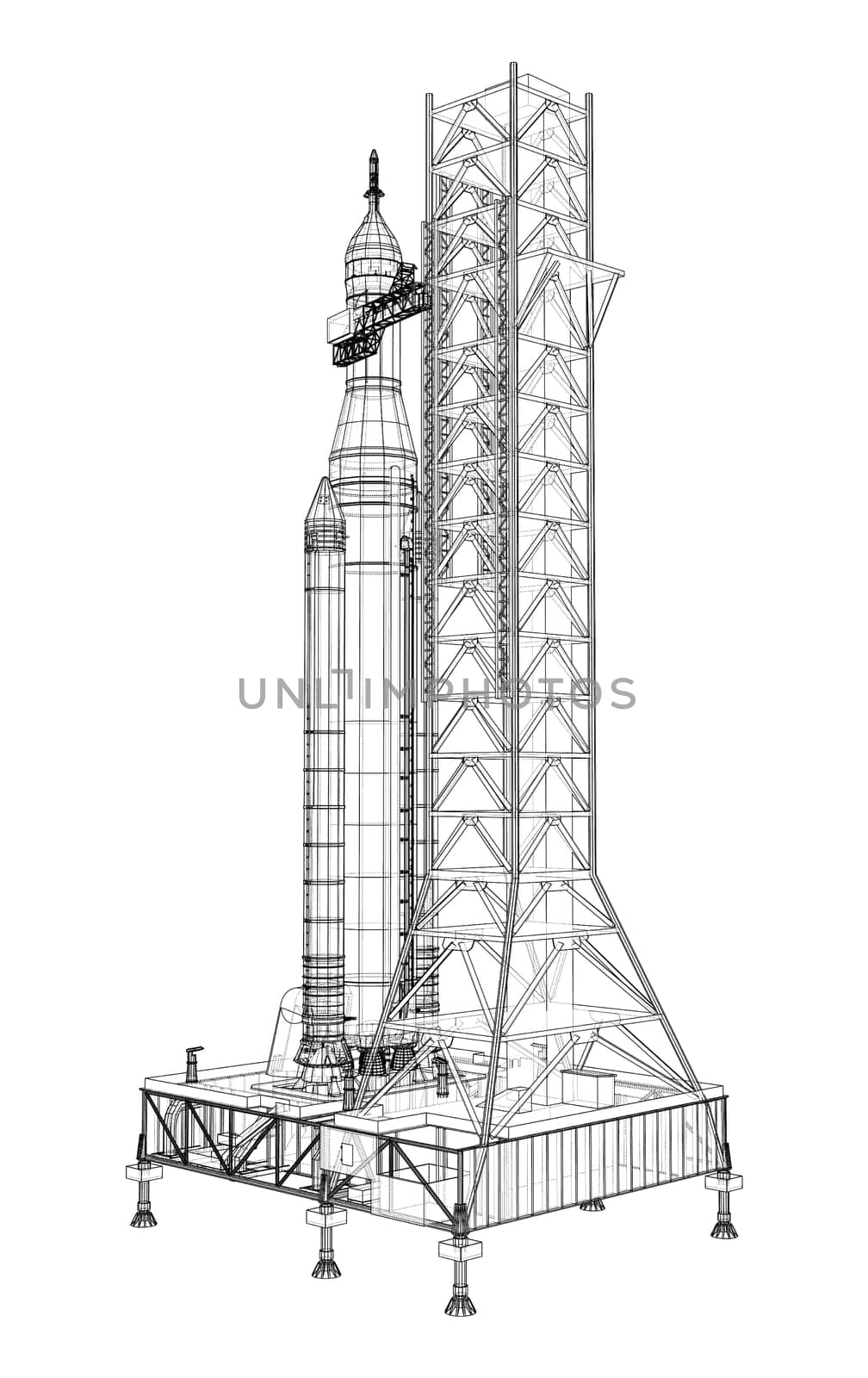 Space Rocket on launch pad. 3d illustration. Wire-frame style. Elements of this image furnished by NASA