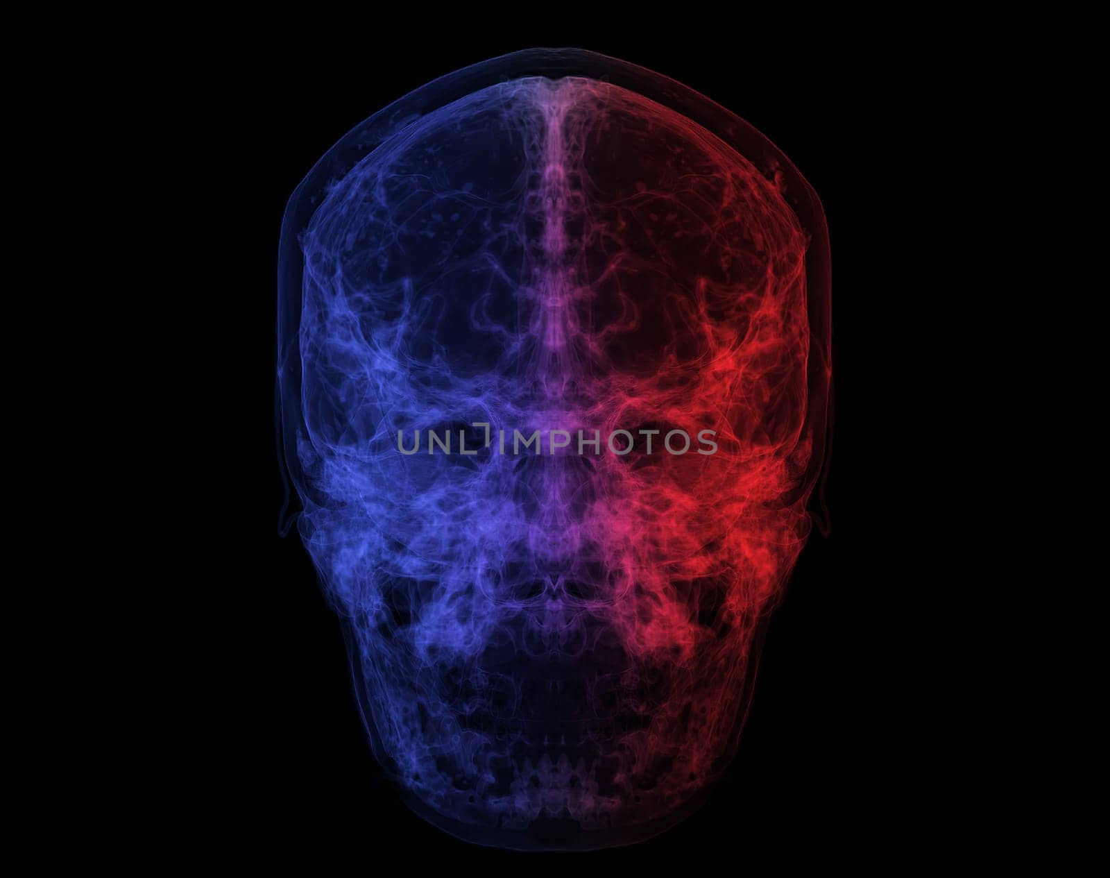 Human Skull, Brain by CT Scan. X-ray Visualization Inside Of Skull. 3D Illustration Render Colorful mode.