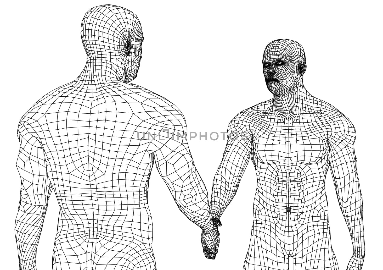 Two men shaking hands. 3d illustration. Wire-frame style. The concept of friendship, partnership and cooperation