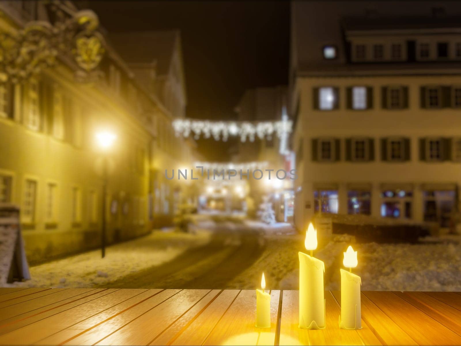 Candles in night in christmas mood on vintage wooden table by samunella