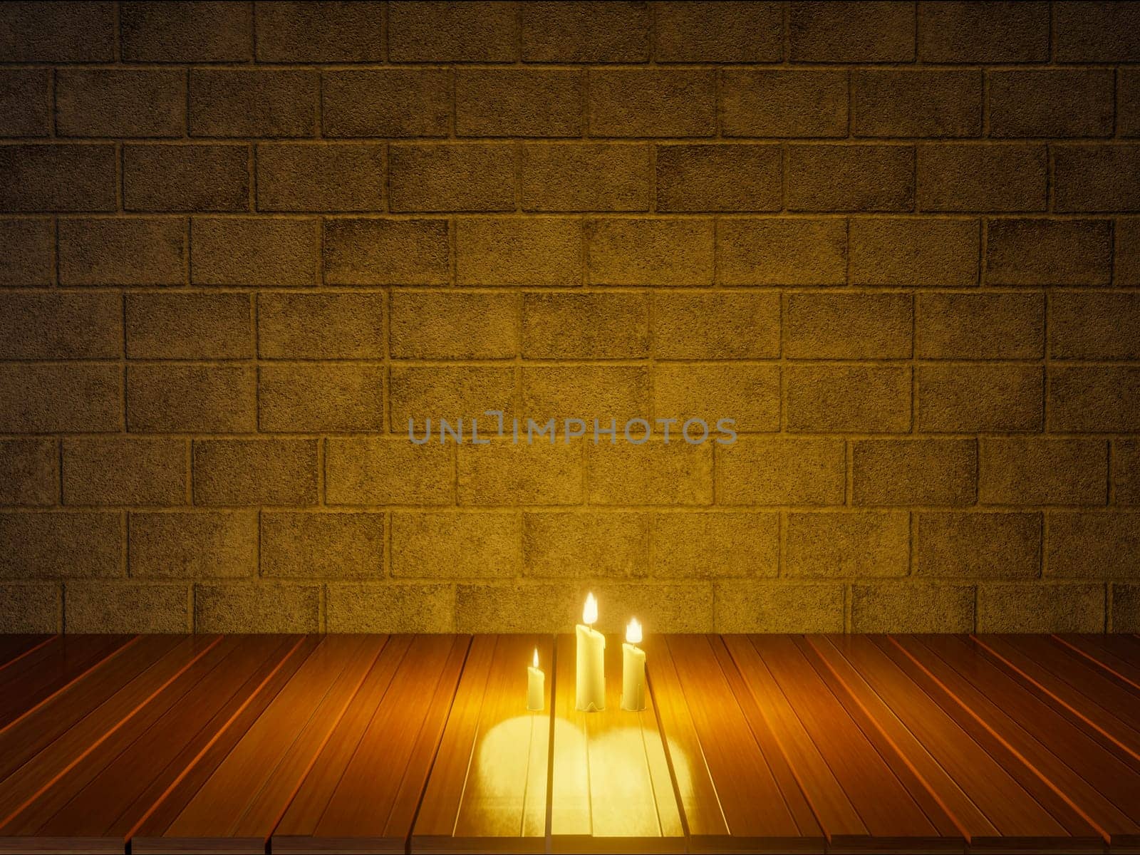 Candles in night in christmas mood on vintage wooden table and concrete block wall.3D Rendering.