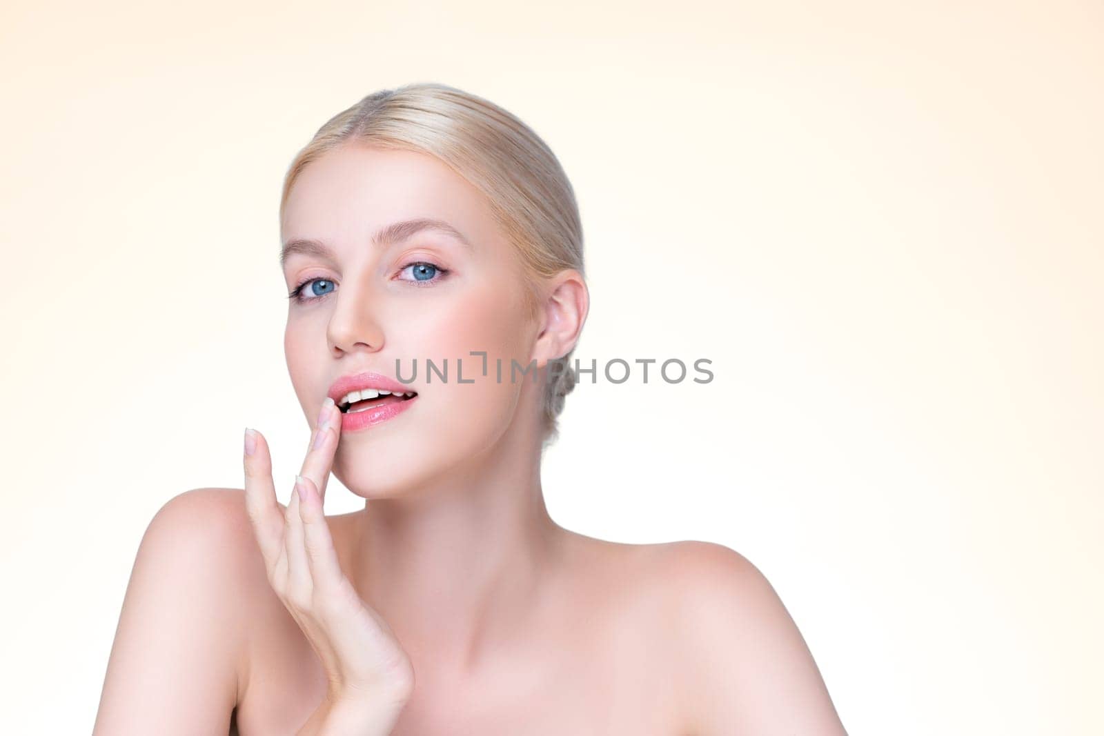 Personable beautiful woman portrait with perfect smooth clean skin and natural makeup portrait in isolated background. Hand gesture with expressive facial expression for beauty model concept.