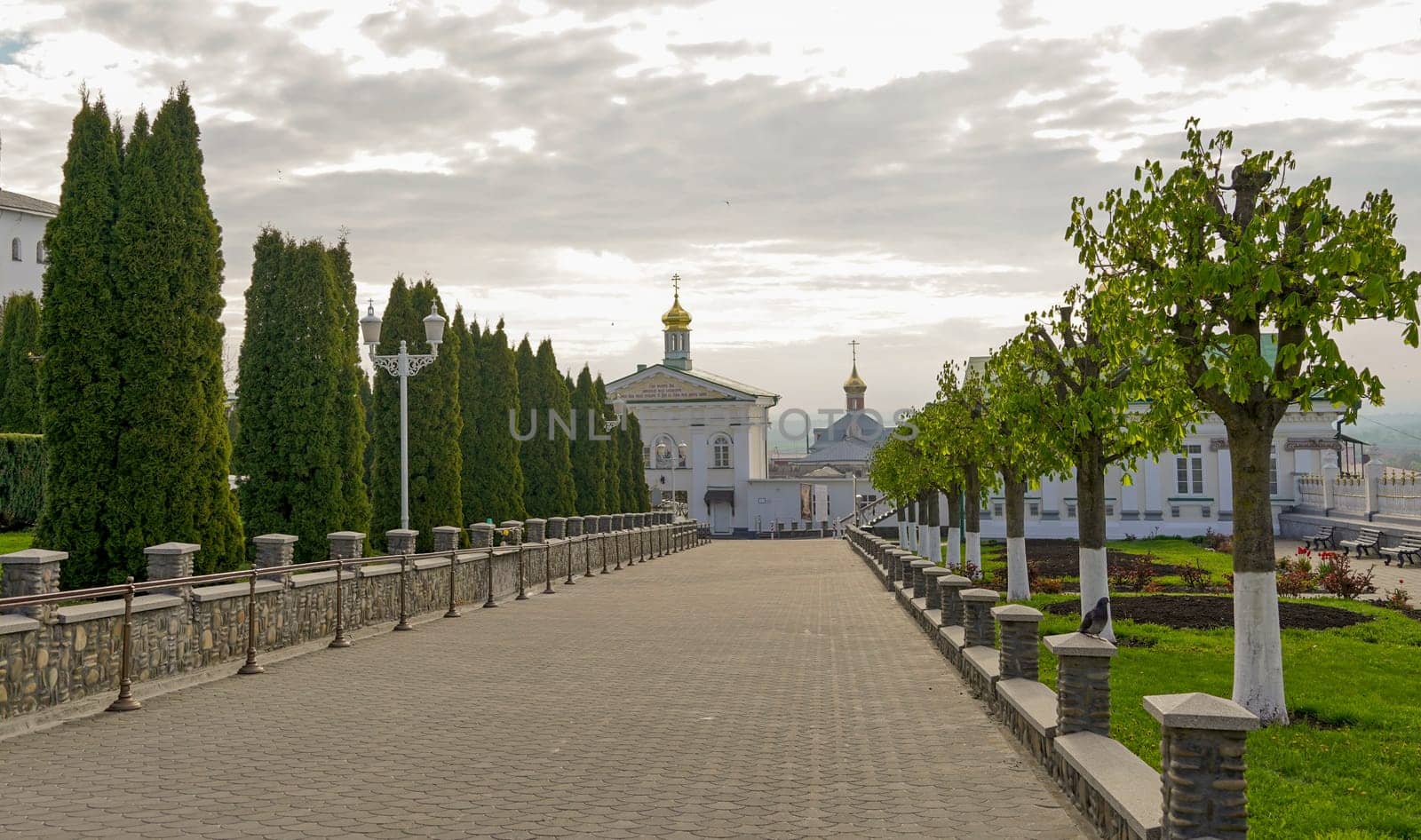 Early morning in the Pochaev Lavra, Ukraine. May 2021. view of the buildings and architectural structures by aprilphoto