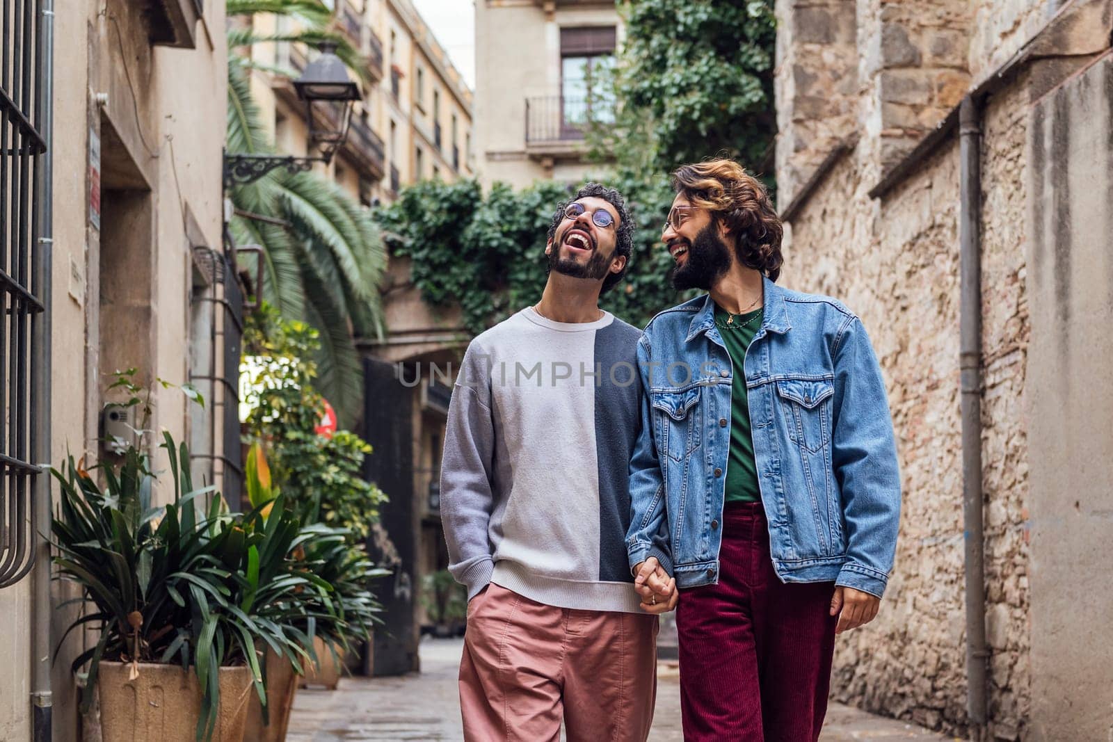 gay male couple walking happy holding hands along a beautiful ancient street decorated with plants, concept of leisure and love between people of the same sex
