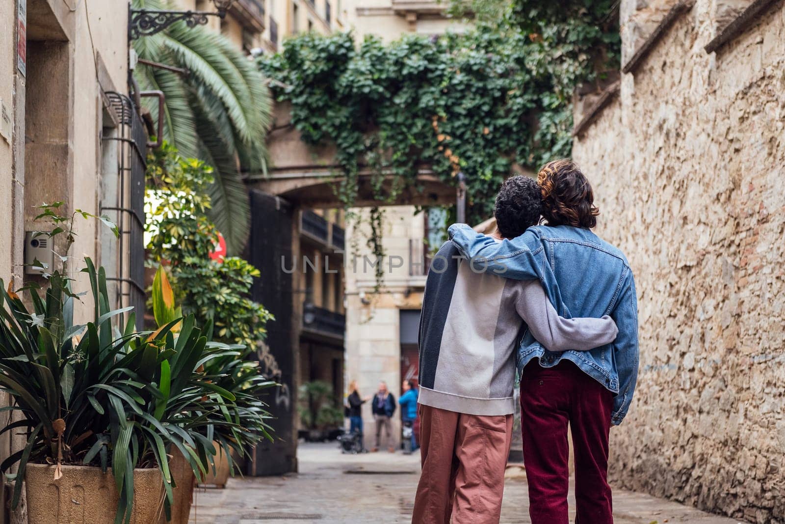 rear view of a gay male couple walking embraced along a beautiful ancient street decorated with plants, concept of leisure and love between people of the same sex