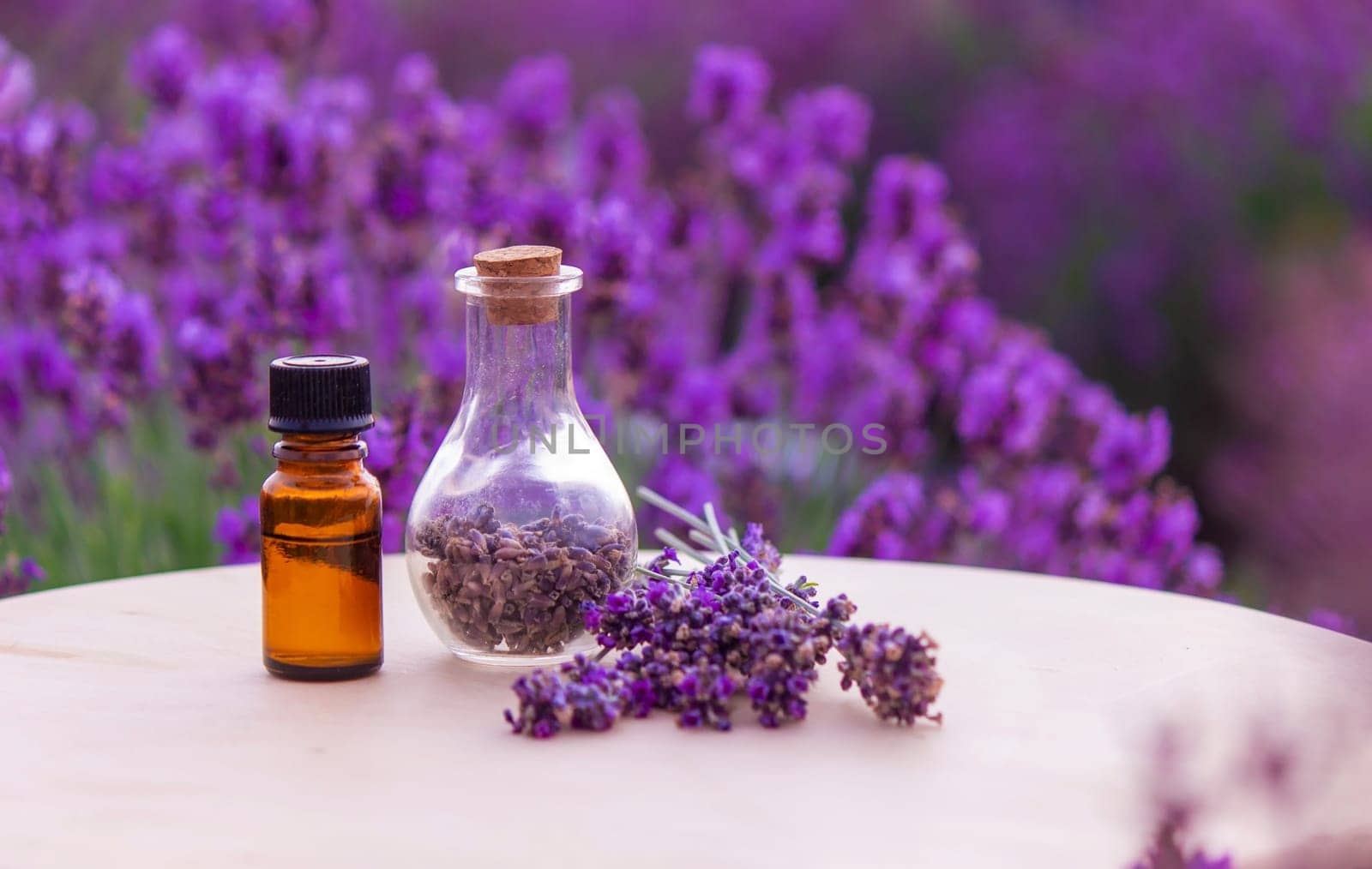 jars with lavender oil, lavender flowers, on the background of a lavender field. Selective focus